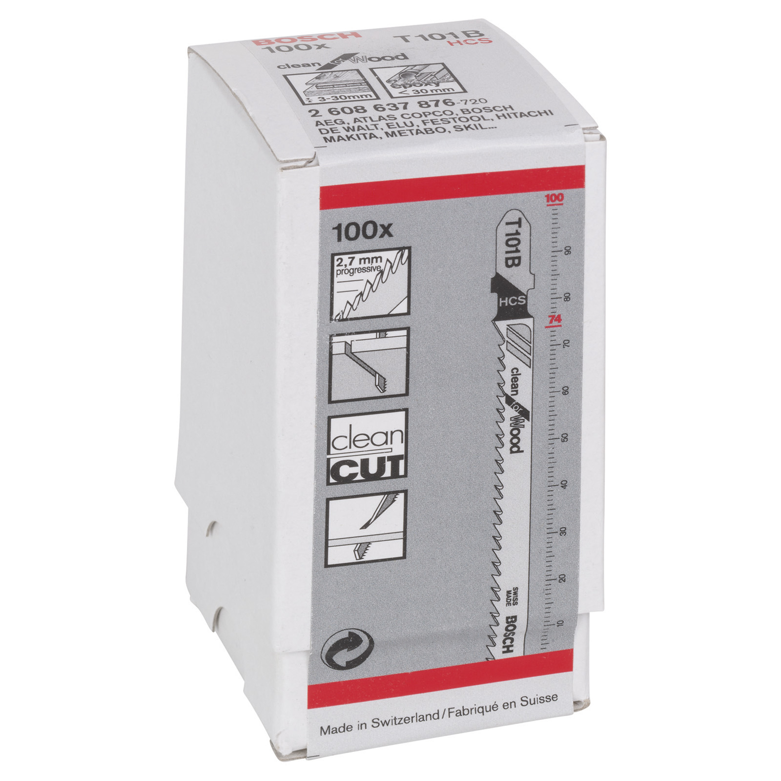 Eine Box mit Sägeblättern mit dem Text 'T101B'. Die Box ist weiß und enthält Produktdetails.