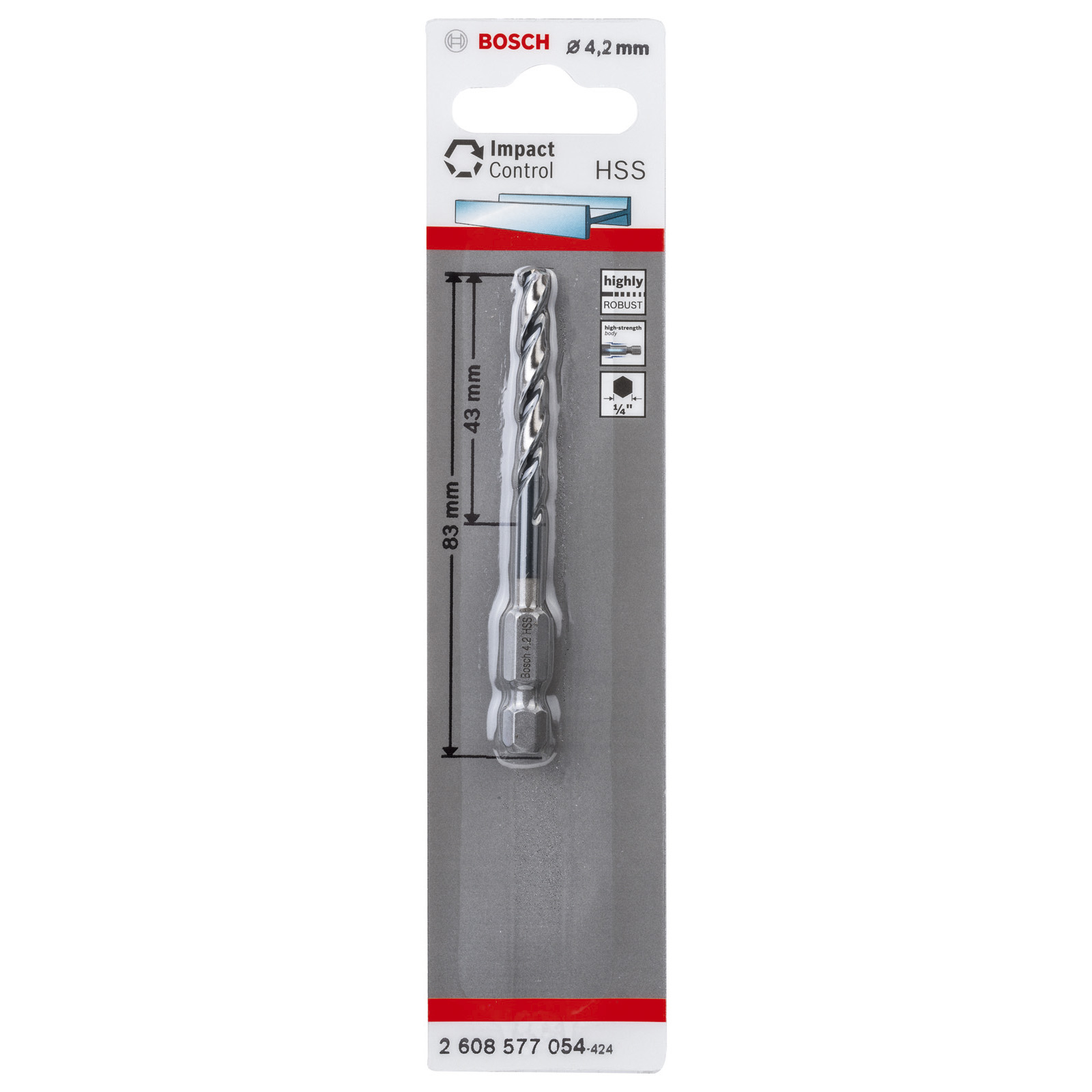Das Bild zeigt einen Bosch 4.2 HSS Bohrer in seiner Verpackung, wobei Produktdetails und Maße sichtbar sind.