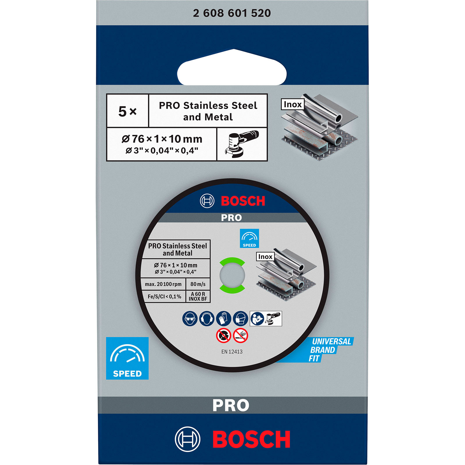 A Bosch Pro stainless steel and metal cutting disc in its packaging, with product details.