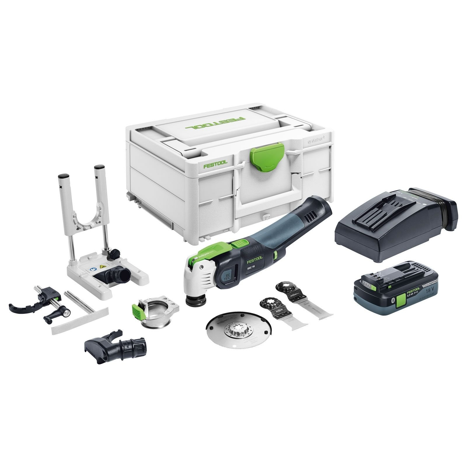Un set di utensili Festool con un contenitore di stoccaggio bianco, un multiutensile grigio e verde e accessori.