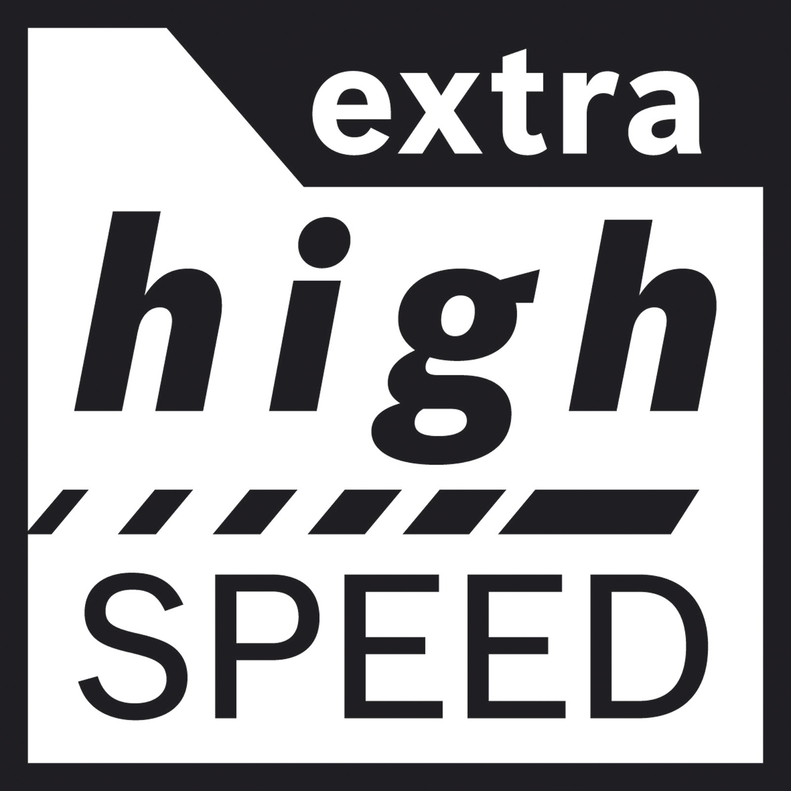 Eine schwarz-weiße Grafik mit der Aufschrift „extra high SPEED“ in fetter Schrift und einem diagonalen Streifendesign.