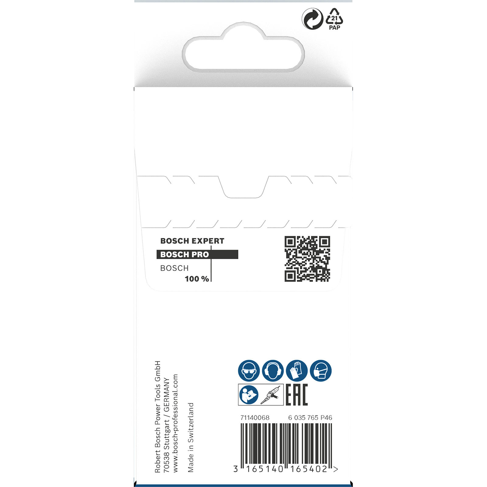 Eine weiße Verpackung mit Bosch Expert Branding. Es enthält einen QR-Code und Produktinformationen.