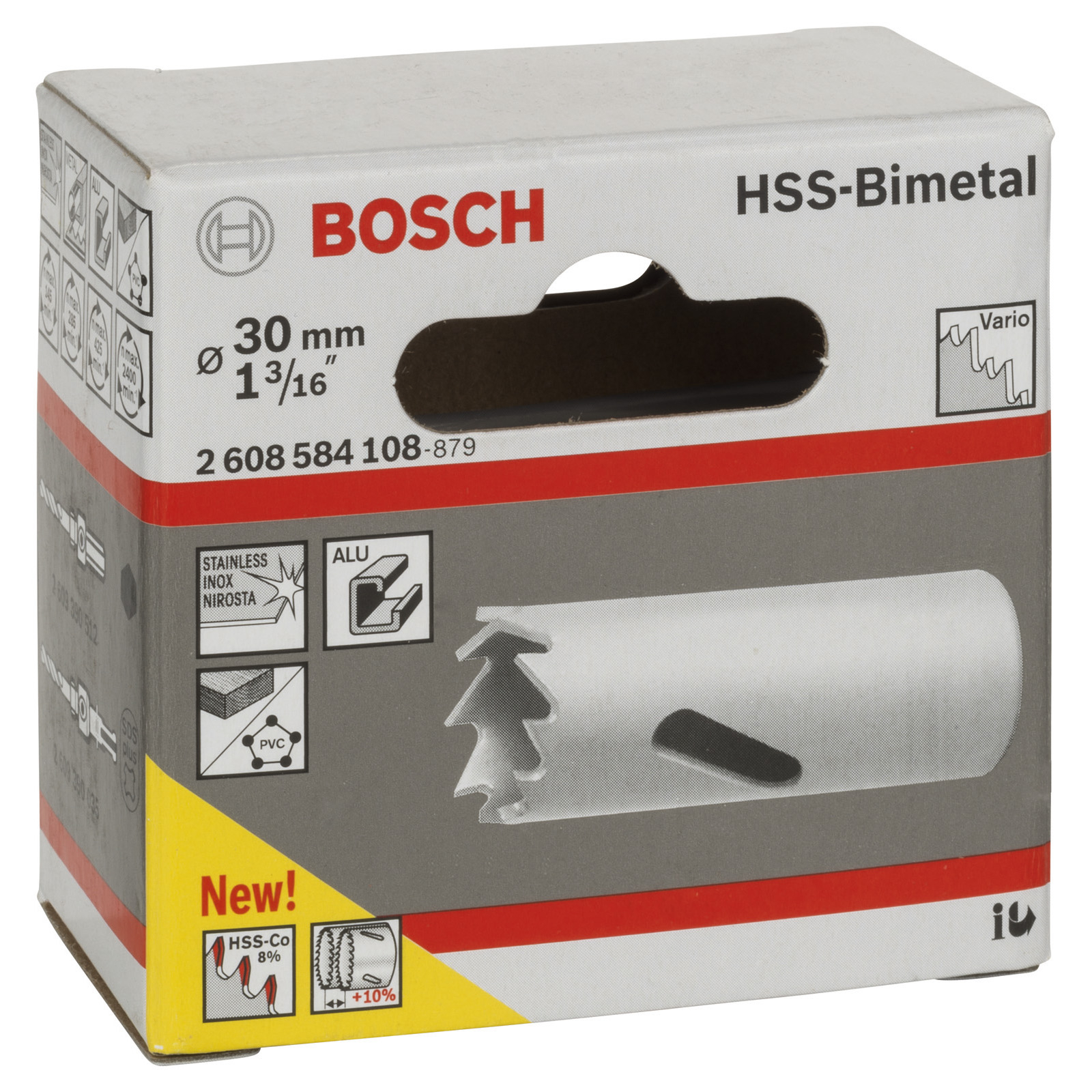Eine weiße und rote Box mit Bosch-Logo und Produktdetails, einschließlich HSS-Bimetall.