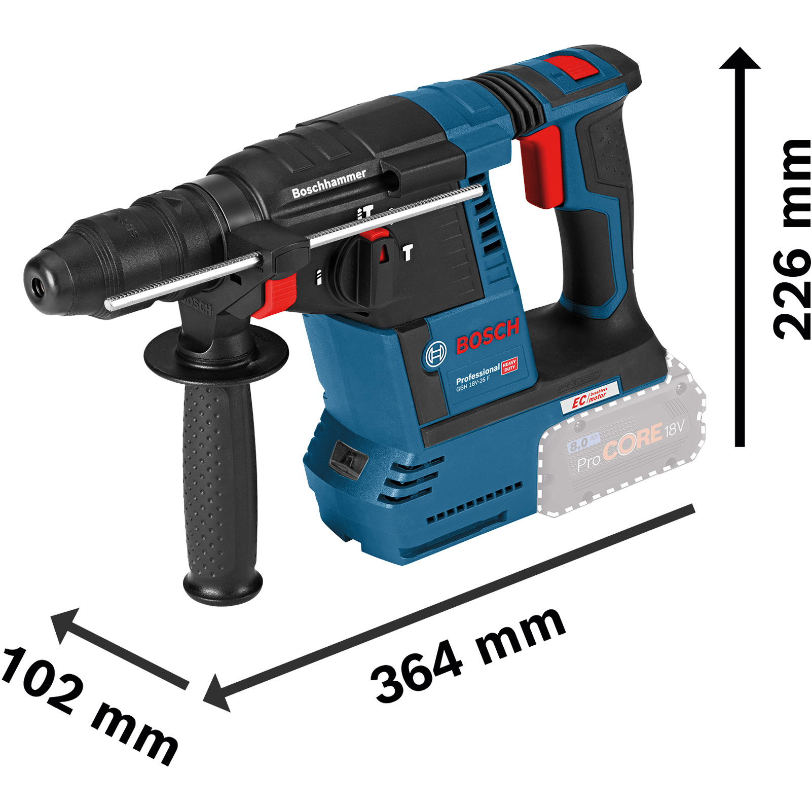Ein Bohrhammer. Der Bohrer ist blau und schwarz. Abmessungen: 364 mm lang, 102 mm breit, 226 mm hoch.