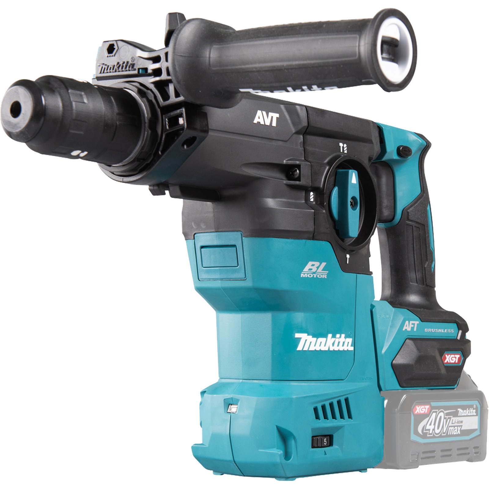 Taladro percutor Makita color verde azulado y negro con mango negro y batería.