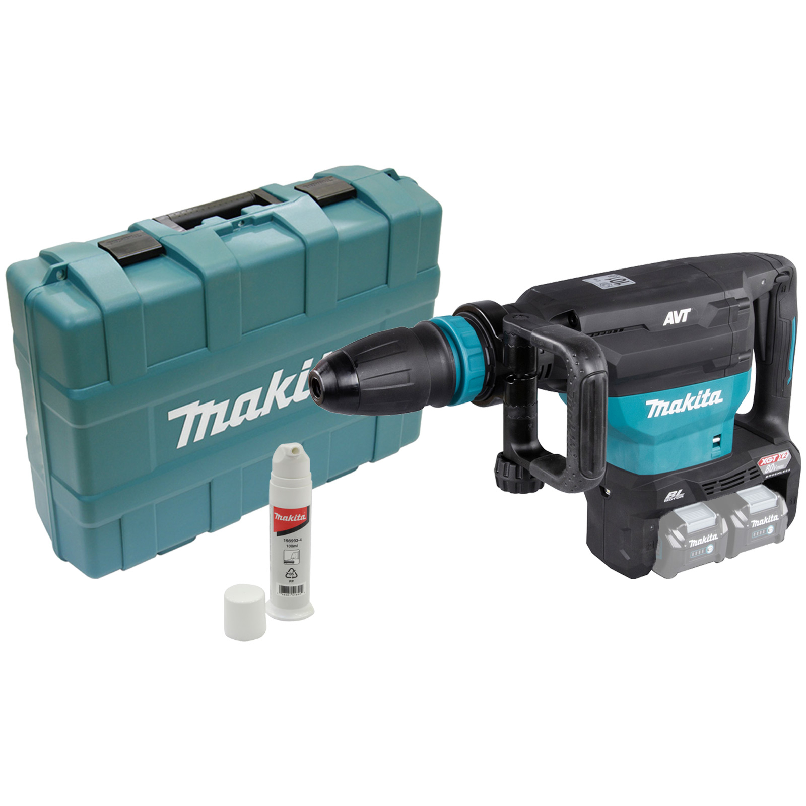 Trapano a percussione Makita color teal e nero con custodia e altri accessori su sfondo bianco.