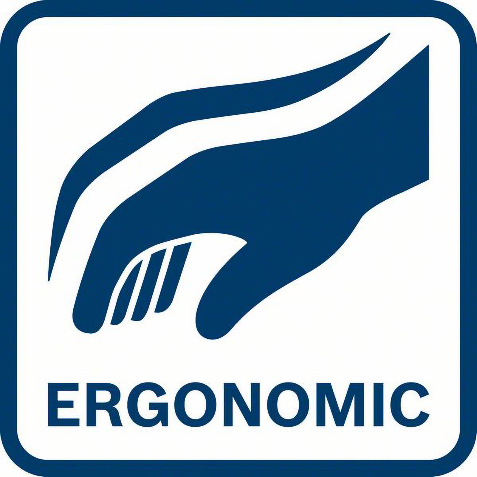 Eine blaue Handgrafik mit dem Wort "ERGONOMIC" darunter, auf weißem Hintergrund.