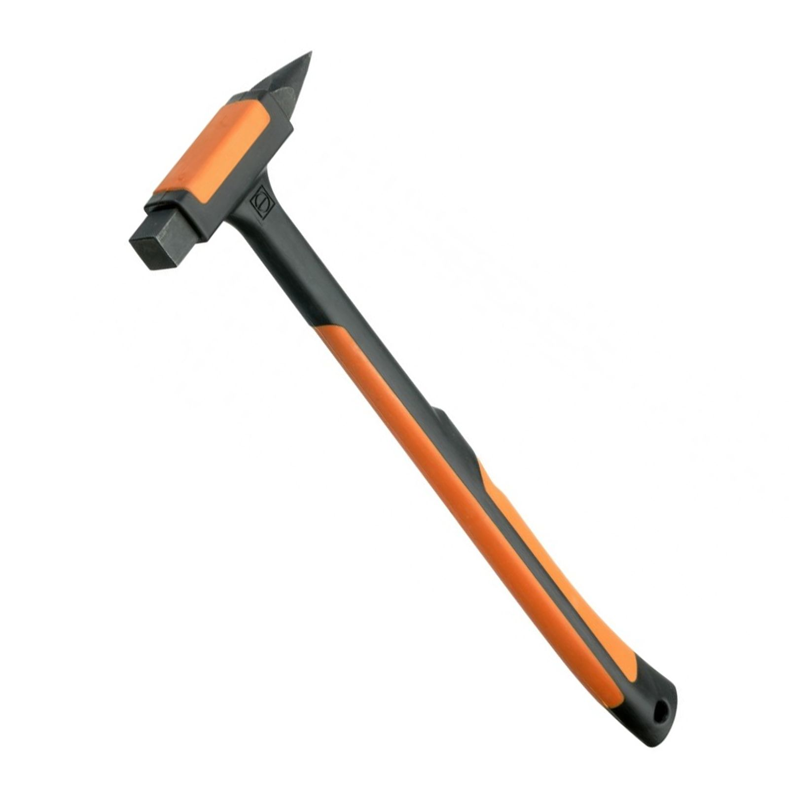 Ein schwarzer und orangefarbener Hammer, schräg vor einem weißen Hintergrund.