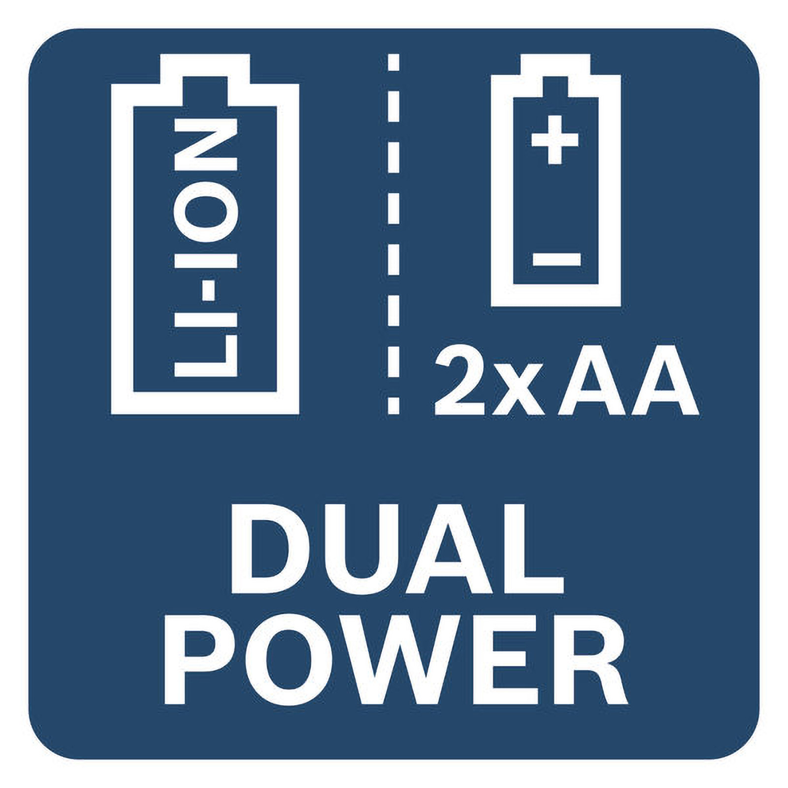 Blaues und weißes Schild mit Batteriesymbolen und den Worten "DUAL POWER".