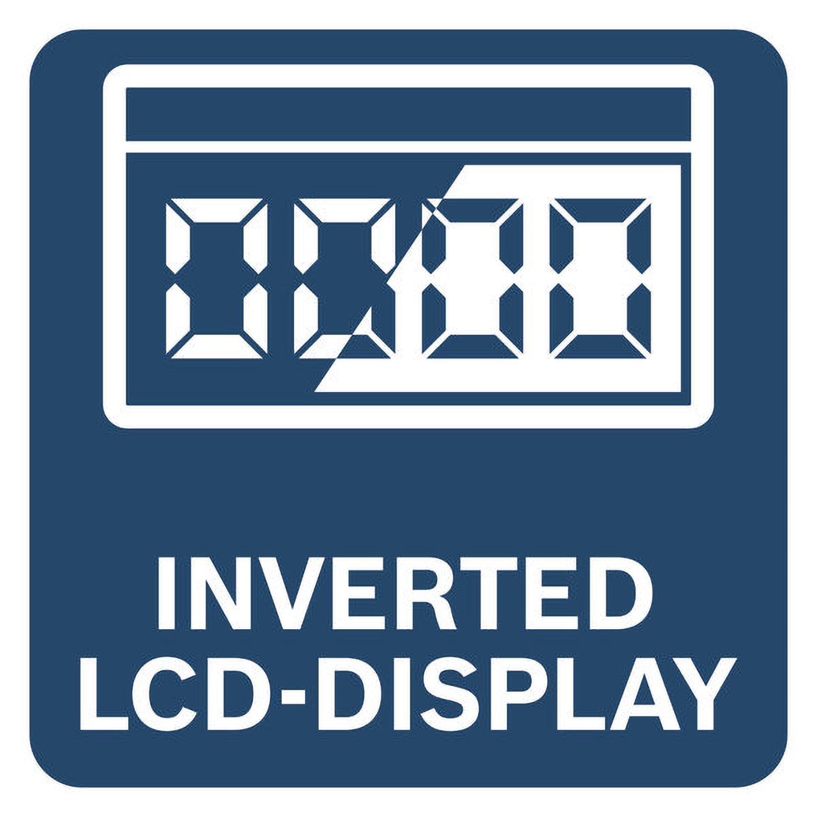 Blaues und weißes Schild mit einem Anzeigesymbol und den Worten "INVERTED LCD-DISPLAY".