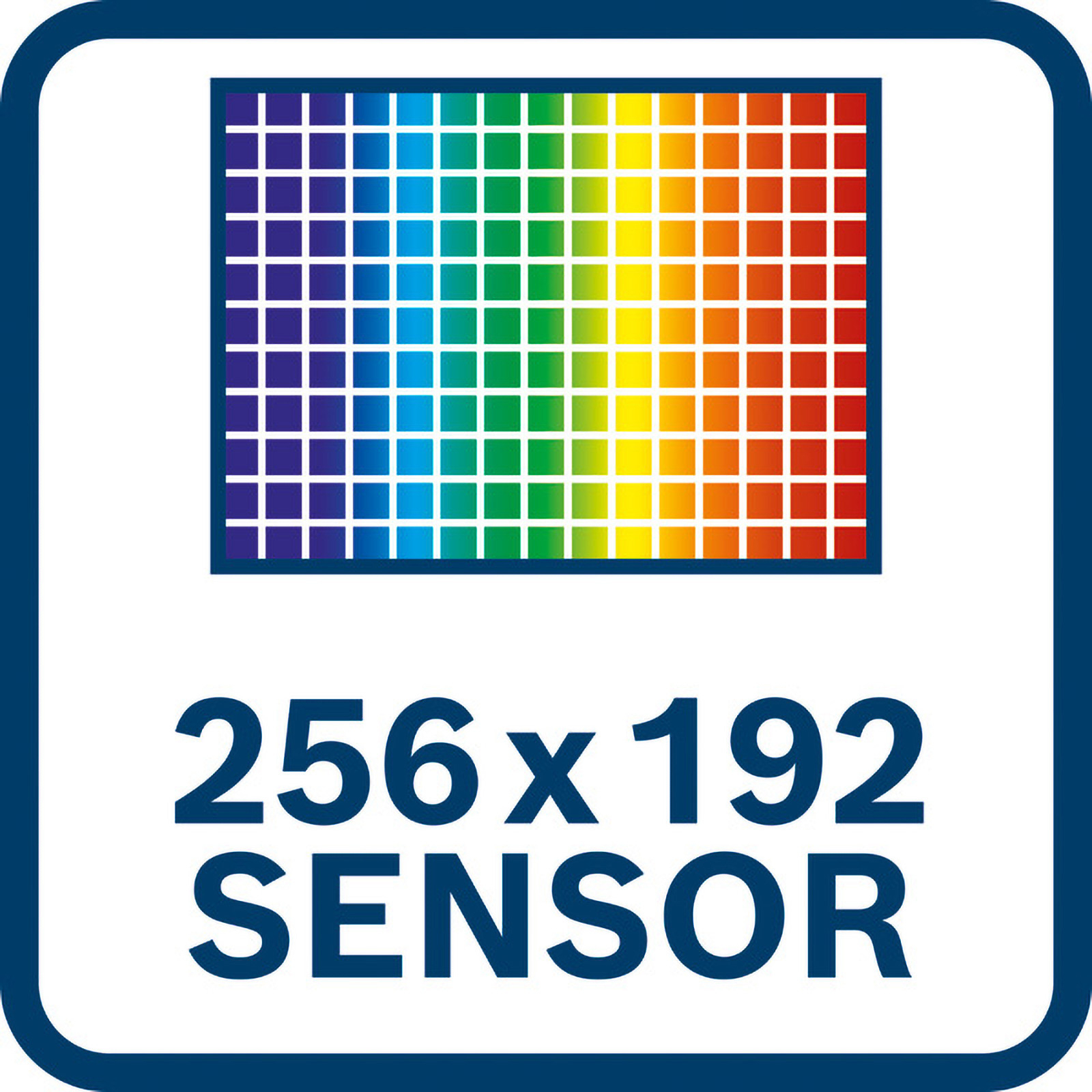 Blaues und weißes Schild mit einem Gitter aus Regenbogenfarben und den Worten "256x192 SENSOR".