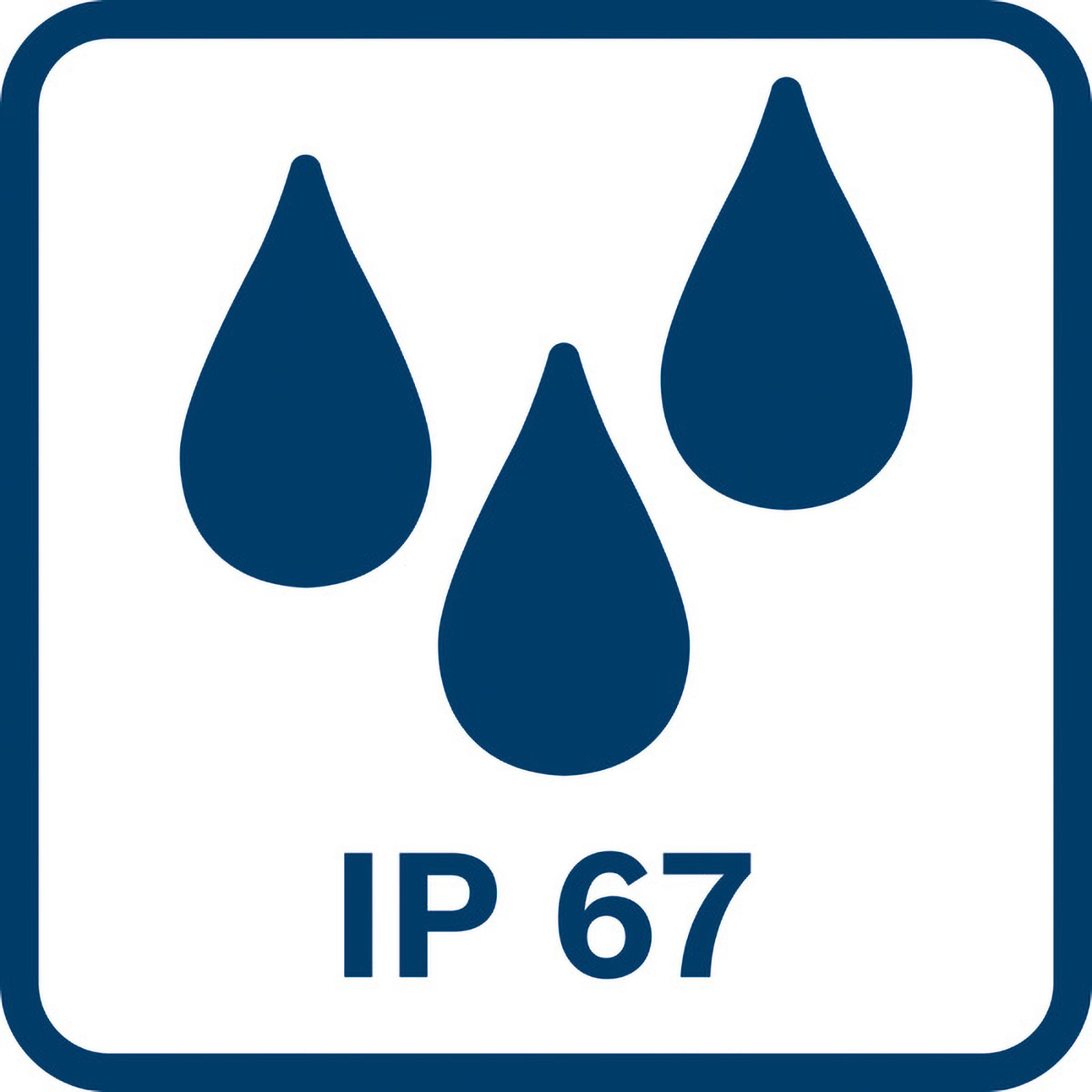 L'immagine mostra un quadrato blu con tre gocce d'acqua e il testo "IP 67" in bianco.