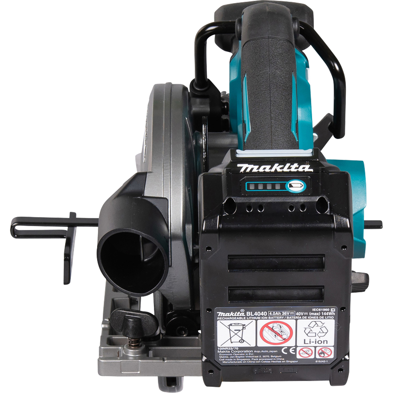Nahaufnahme einer schwarzen und teal Makita Kreissäge mit angesetztem Akku.