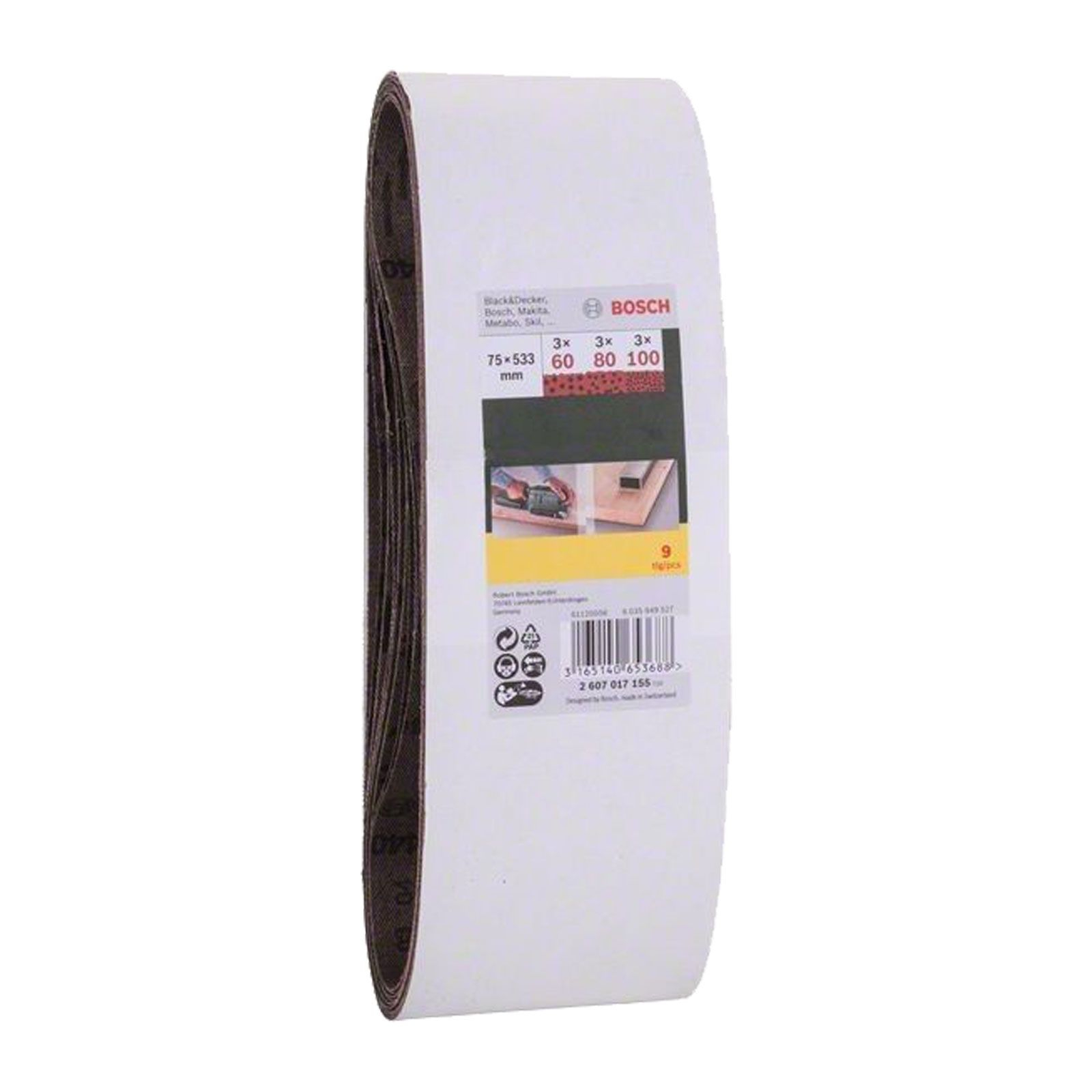 Een rol schuurpapier met productdetails en specificaties tegen een witte achtergrond.