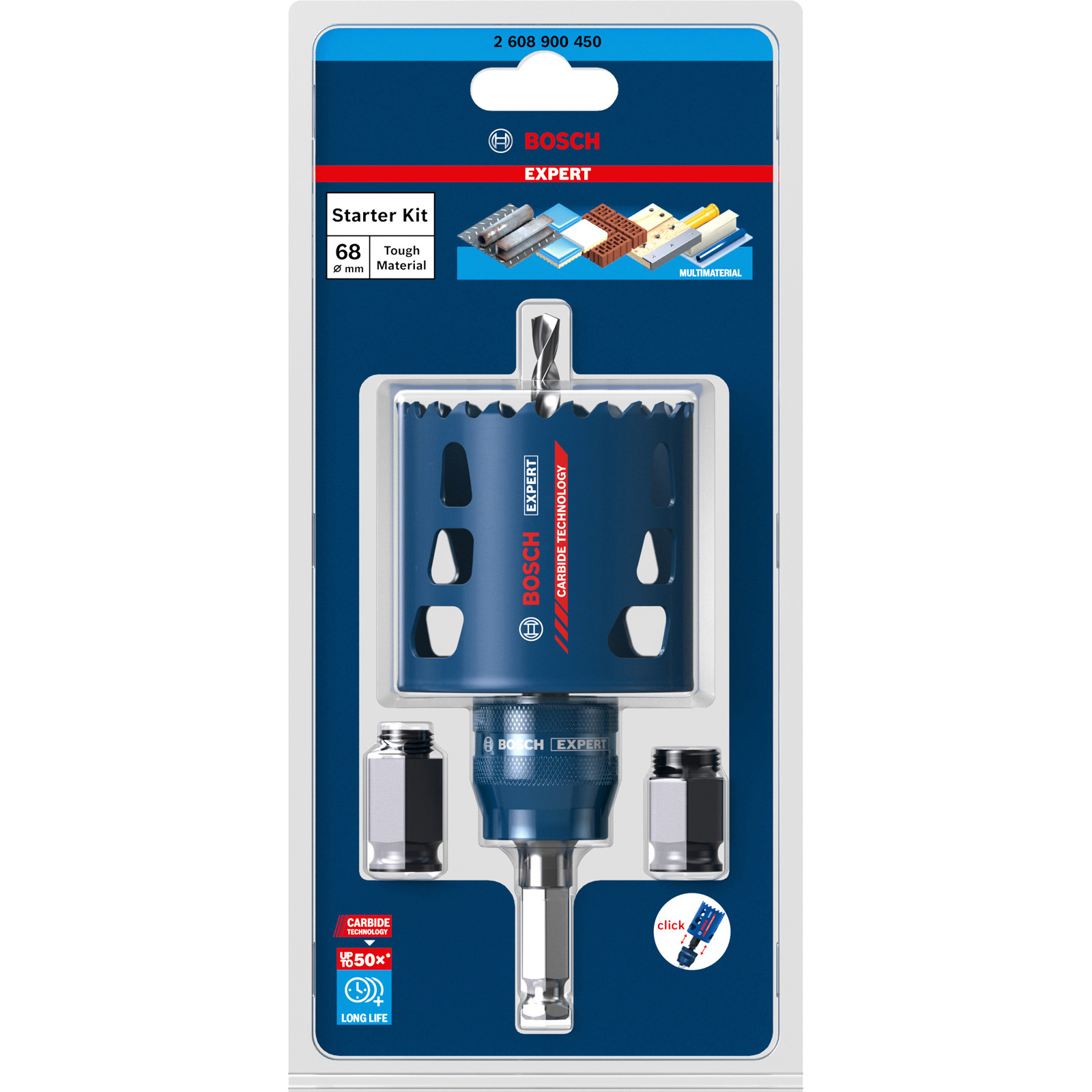 Ein blaues Lochsägen-Set mit Bohrer, zwei schwarzen Adaptern und einer weiß-blauen Verpackung.