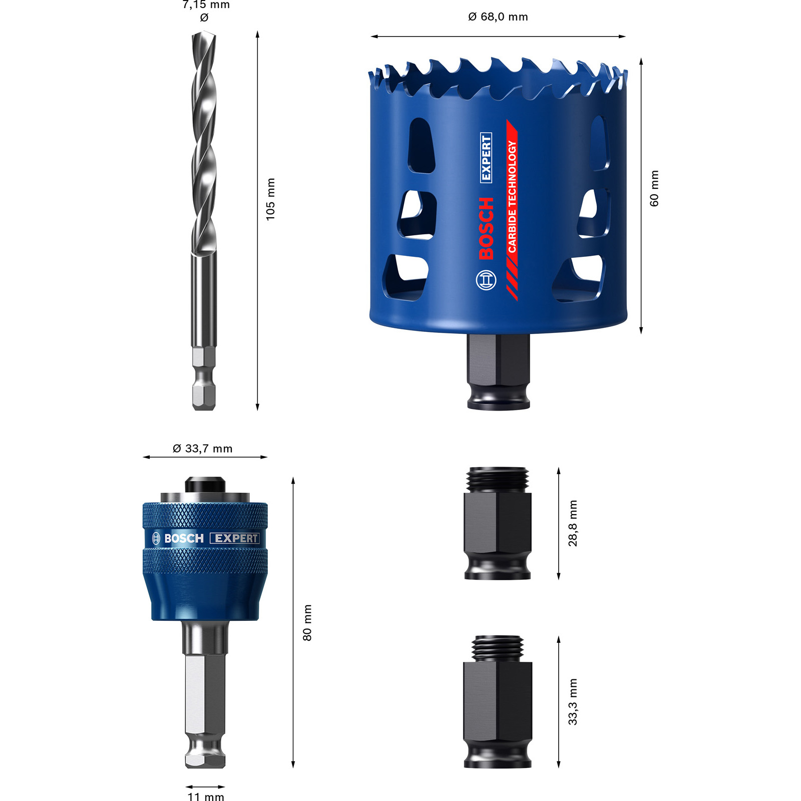 Blaue und silberne Bohrer und Aufsätze. Abmessungen sind enthalten. Bosch Expert Carbide Technology.