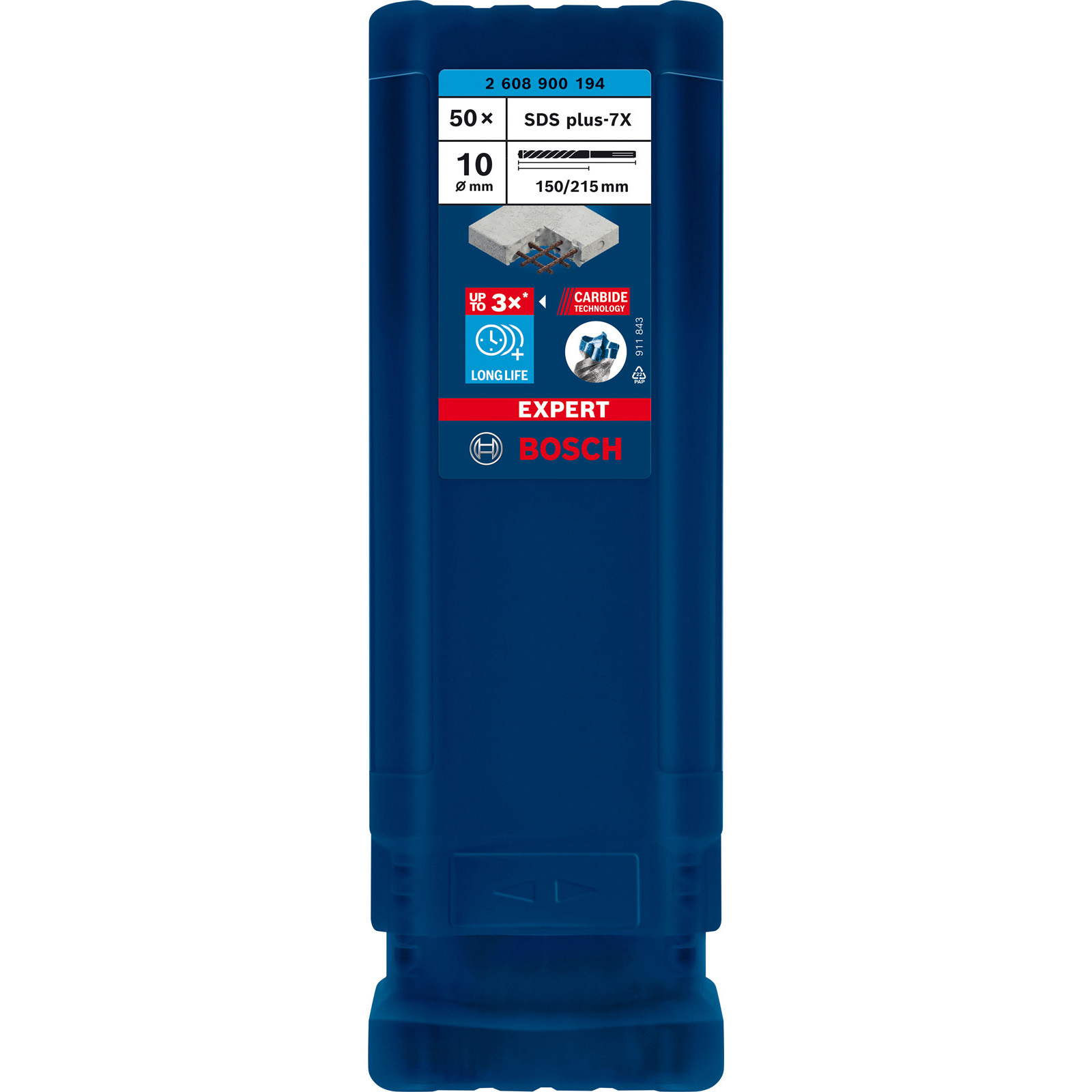 Eine blaue Packung Bosch SDS plus-7X Bohrer. Die Packung enthält Produktinformationen und Bilder.