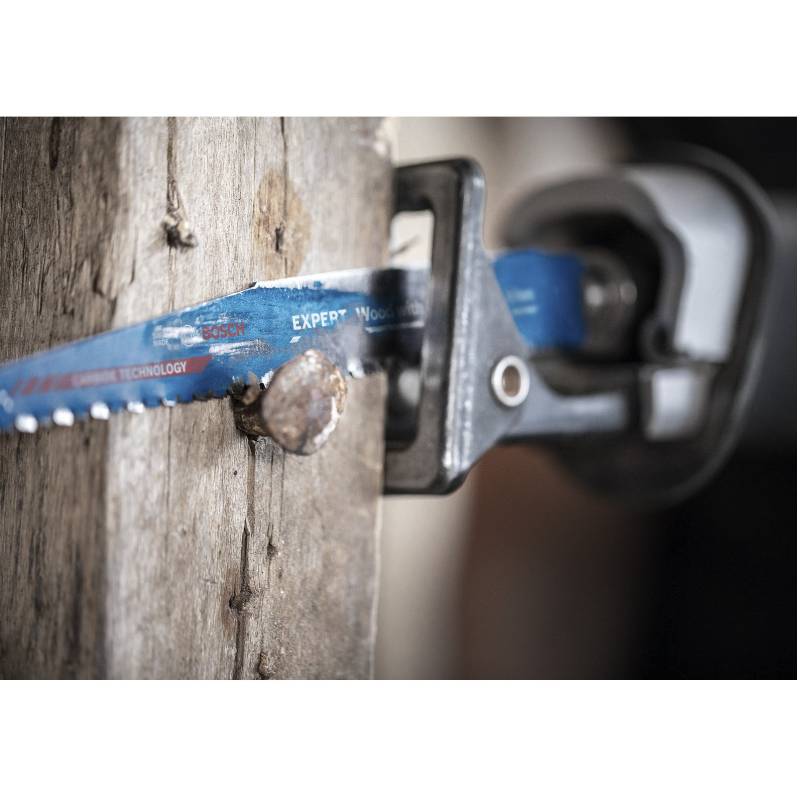 Piła przecinająca drewno z gwoździem, zbliżenie, ujęcie akcji.