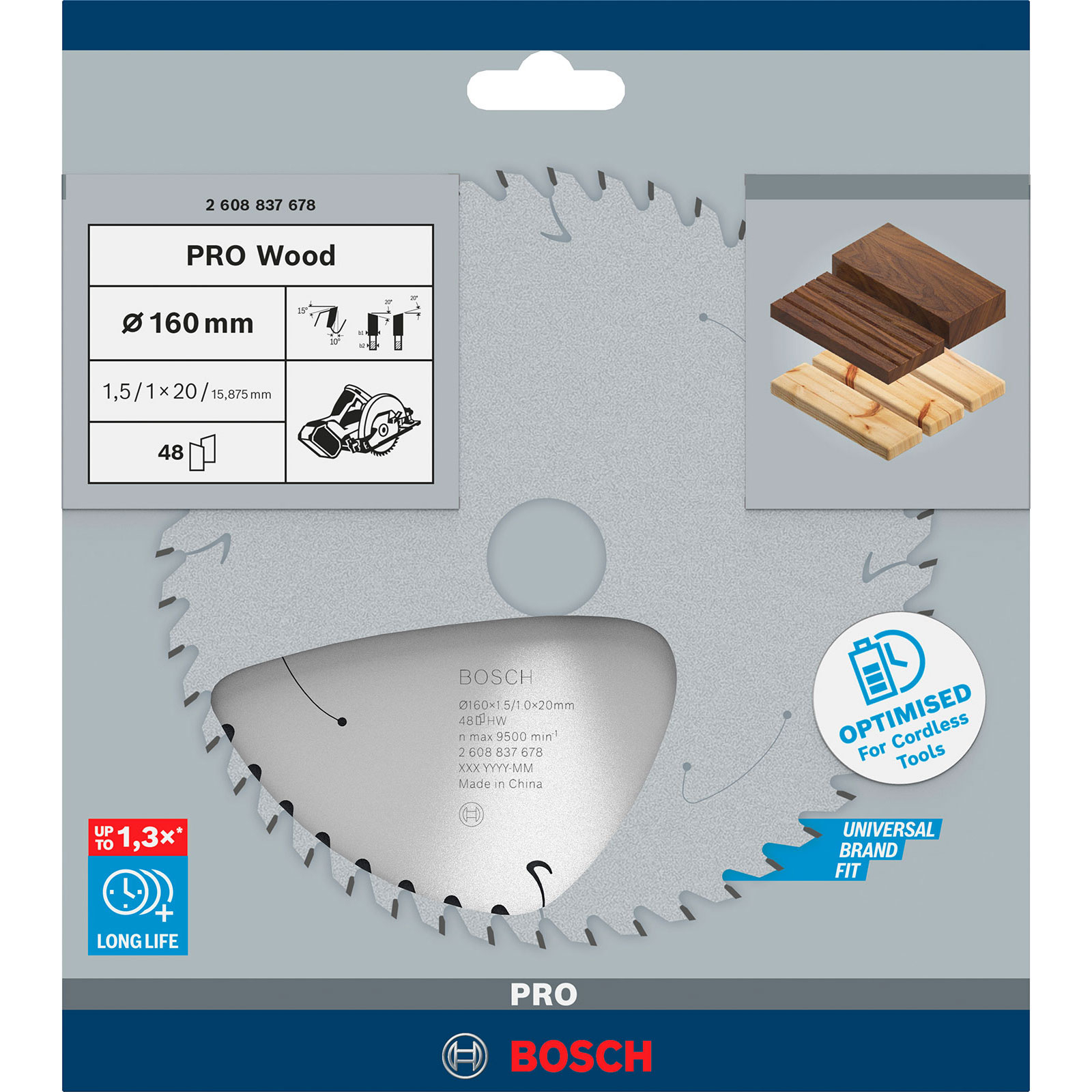 Ein Kreissägeblatt mit Spezifikationen, das die Kompatibilität mit Akkuwerkzeugen und Holzmaterialien zeigt, auf Weiß.