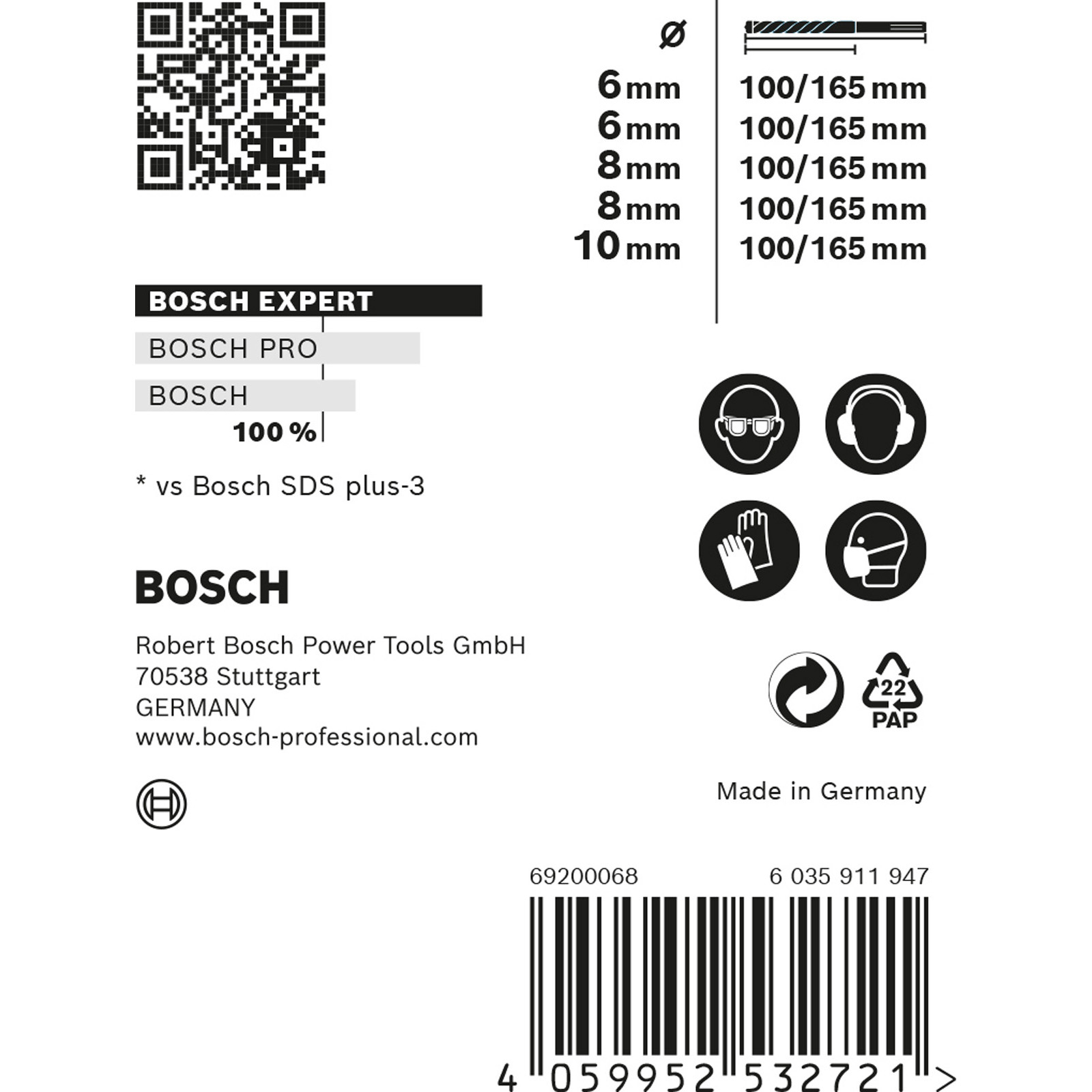 Ein Produktetikett mit verschiedenen Maßen, einem QR-Code und dem Bosch-Logo auf weißem Hintergrund.