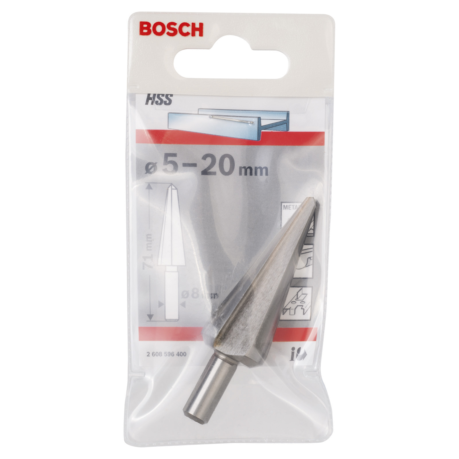 Metallstufenbohrer in klarer Verpackung mit Größenangaben und Gebrauchsabbildungen.
