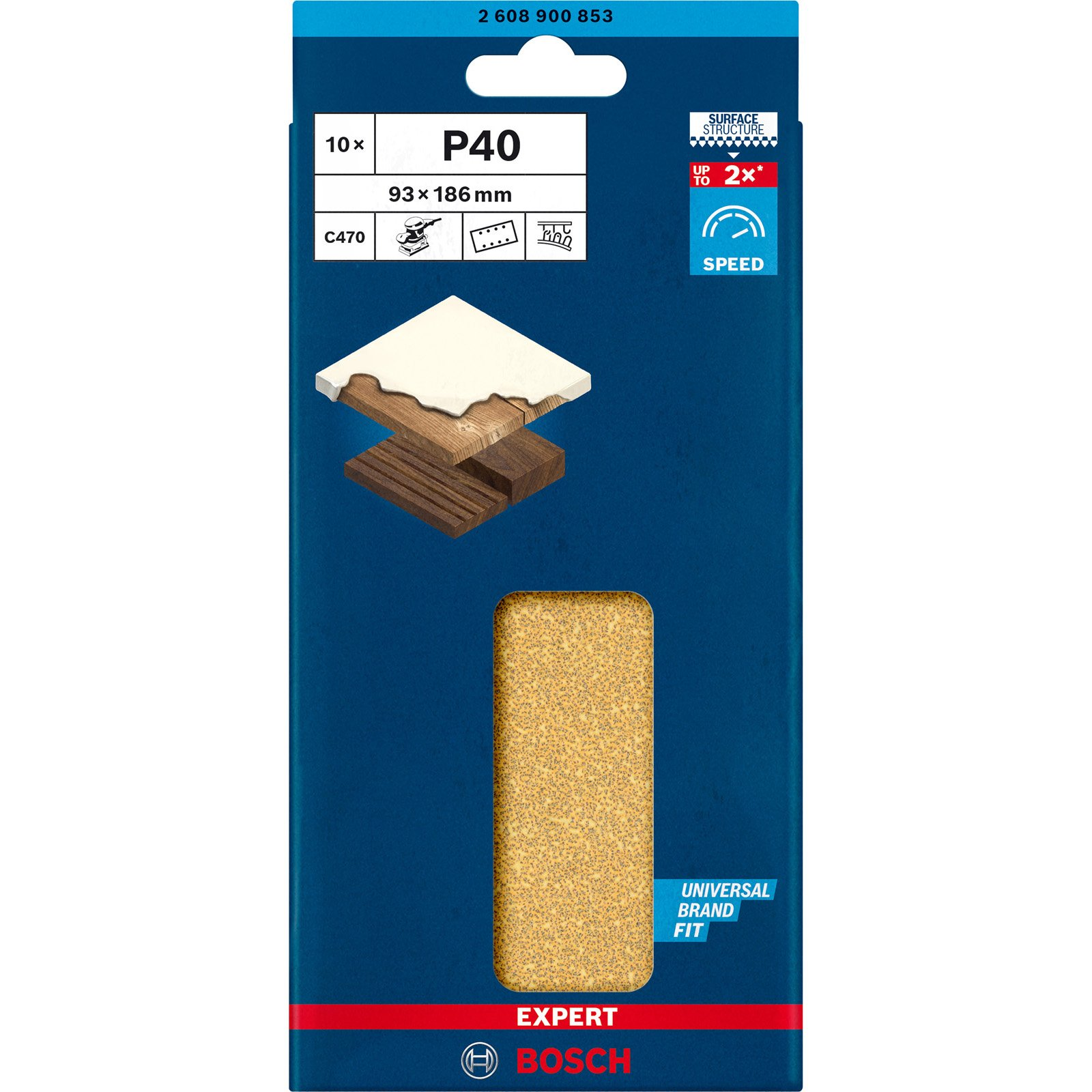 Confezione di carta vetrata Bosch Expert P40 con strati di legno e vernice mostrati sulla confezione.