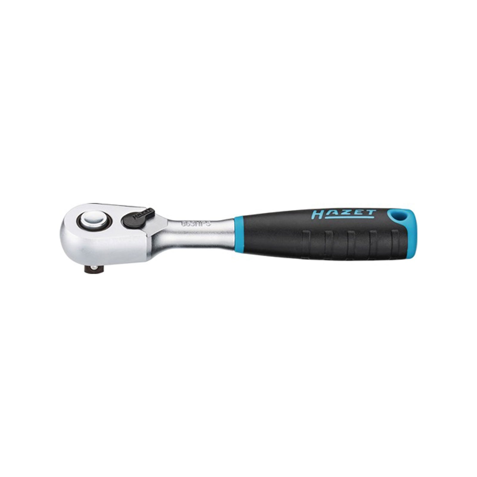 Una llave de carraca Hazet con mango negro y azul. Sobre fondo blanco.