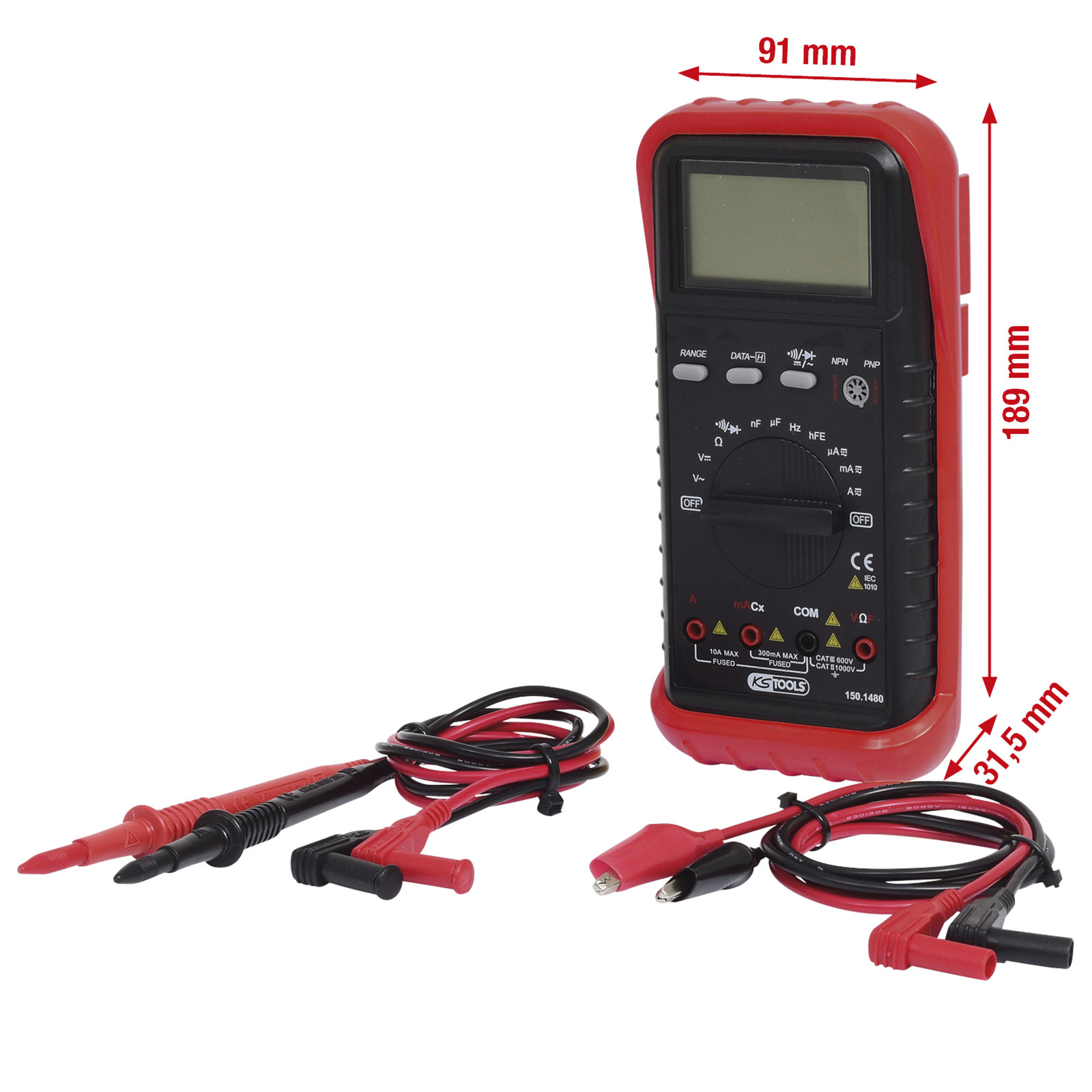 Ein rotes und schwarzes Multimeter mit zwei Messleitungen und einer schwarzen und roten Sonde. Die Abmessungen sind sichtbar.