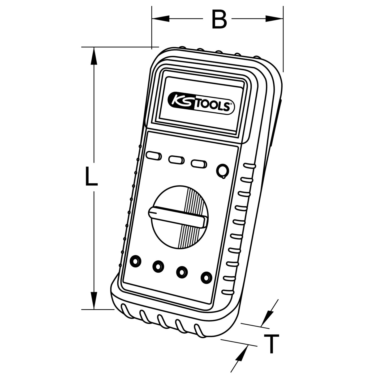 Strichzeichnung eines Multimeters mit Abmessungen und Bedienelementen. Es ist ein rechteckiges Gerät mit einem Zifferblatt.