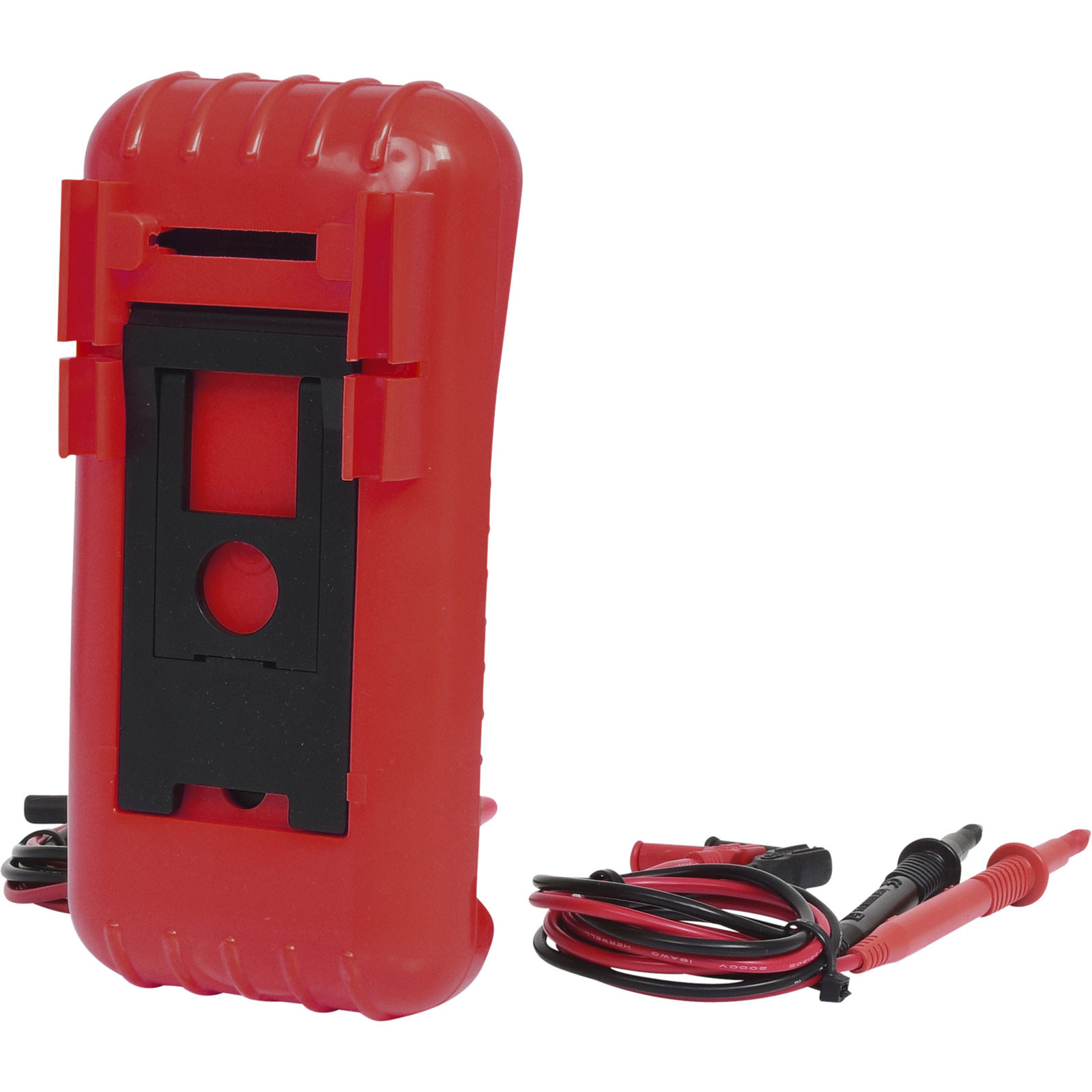 Die Rückseite eines roten Multimeters mit zwei schwarzen Haltern und einem Satz schwarzer und roter Messleitungen.