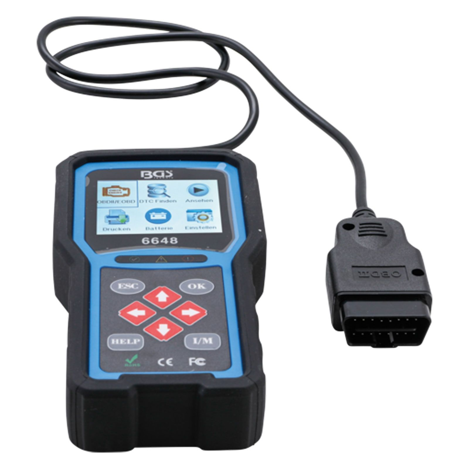 Diagnosescanner mit schwarzem Kabel und Stecker. Der Scanner hat einen Bildschirm mit Symbolen und einem blauen Rahmen.