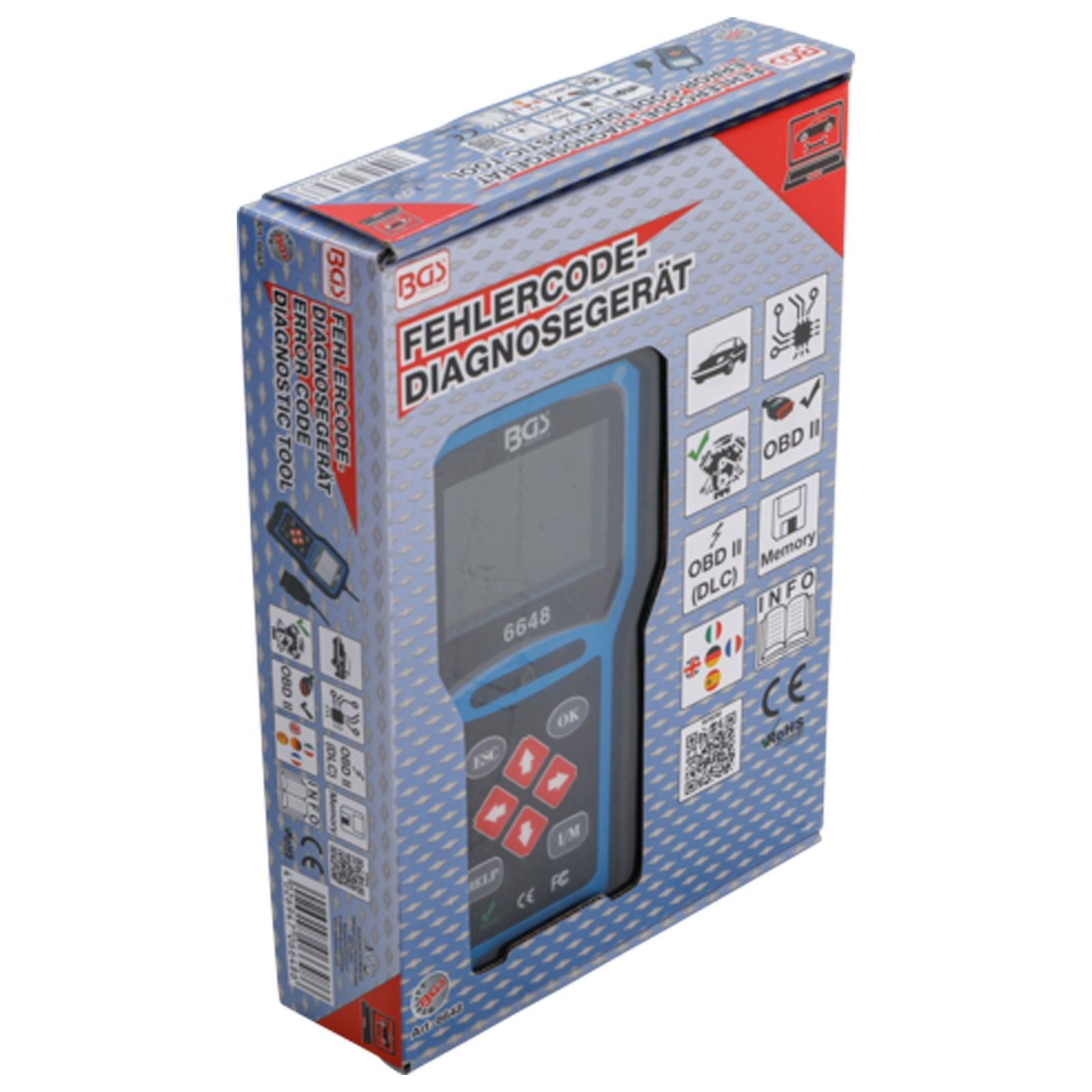 Diagnosescanner in einer Box. Die Box ist blau und weiß, mit dem Scanner, der in einem Fenster sichtbar ist.