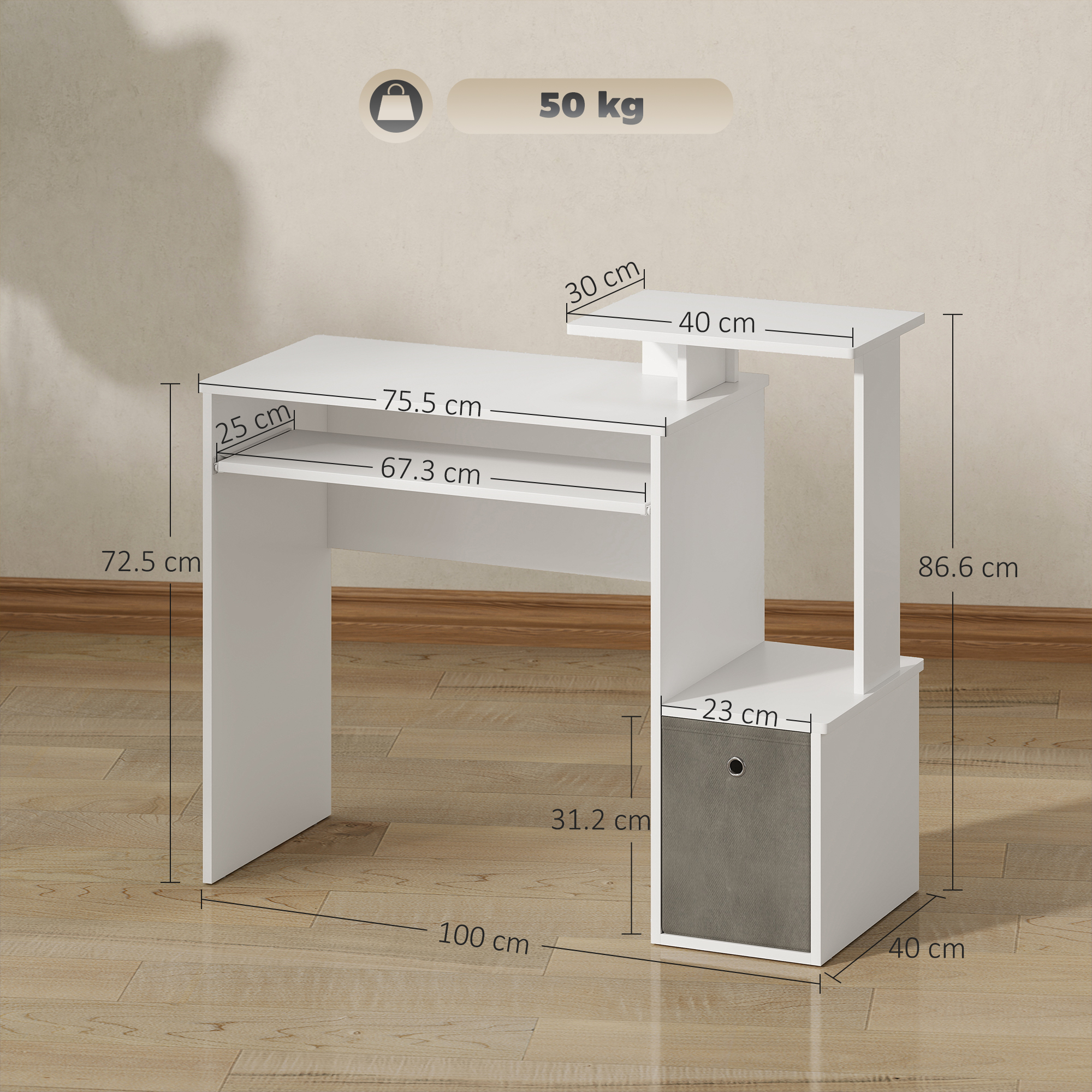 Una scrivania bianca con scaffali, che mostra le dimensioni, contro una parete neutra e un pavimento in legno. Carico massimo di 50 kg.