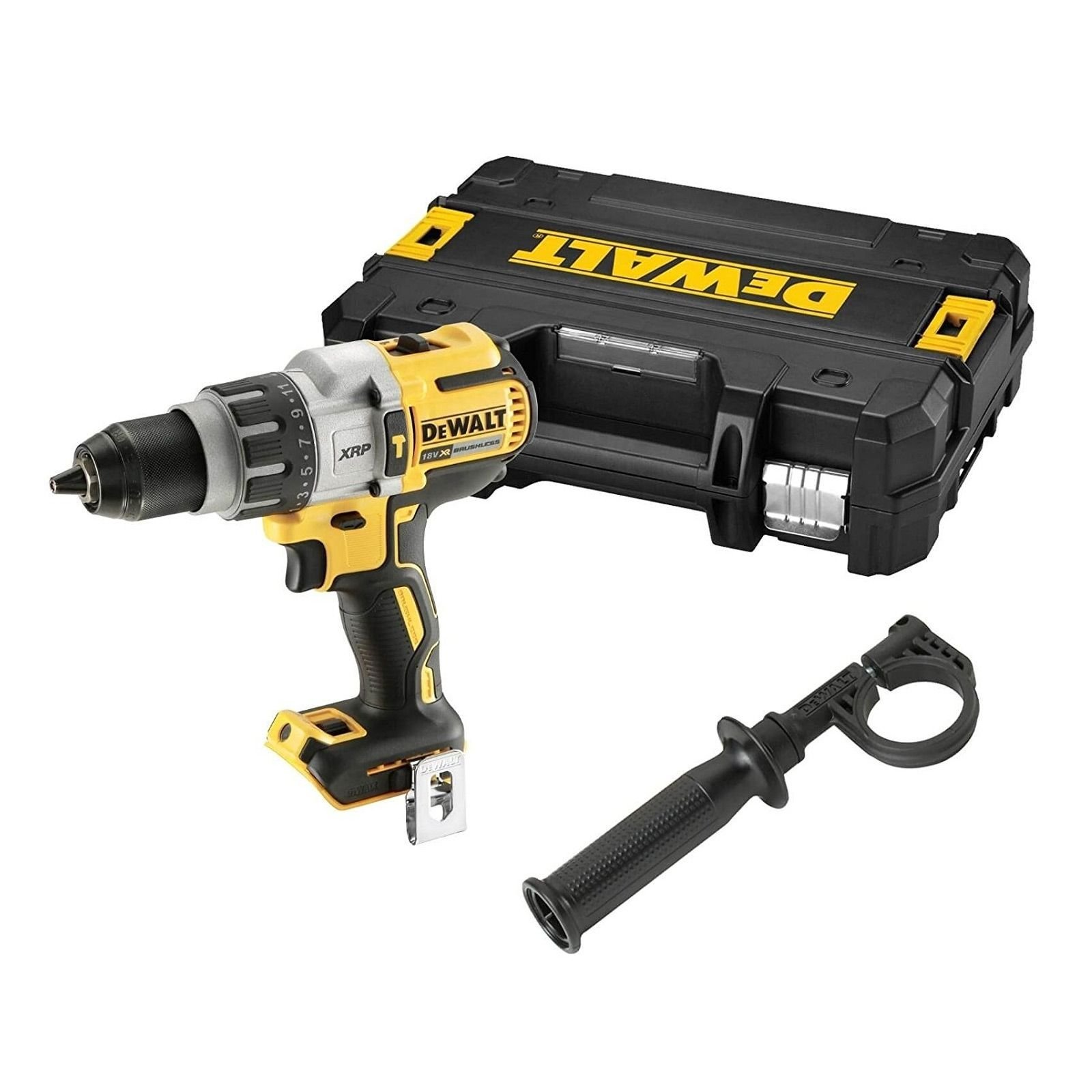 Eine schwarz-gelbe Dewalt-Bohrmaschine mit schwarzem Tragekoffer und Griffbefestigung.