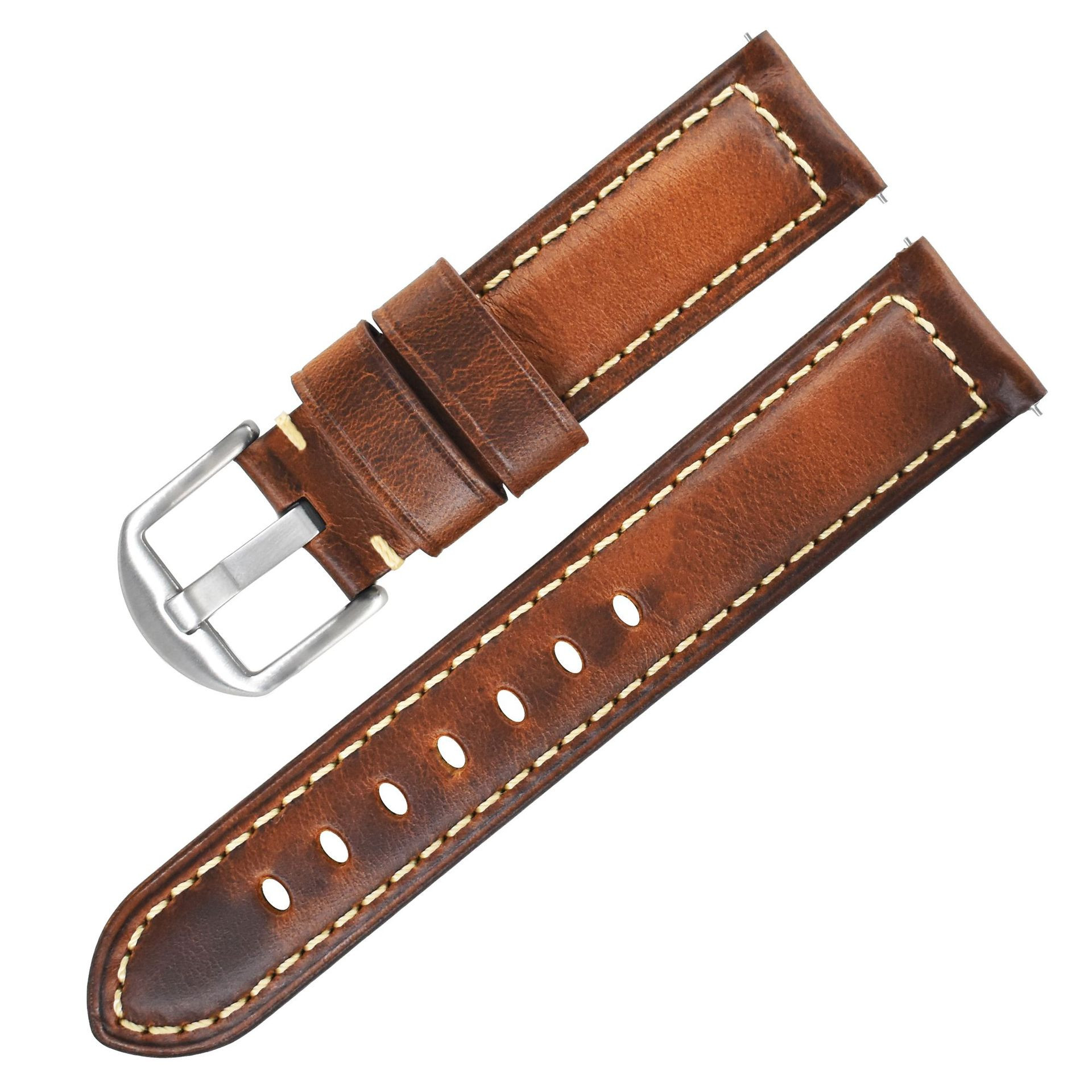 Braunes Leder-Armband mit weißen Nähten und Metallschnalle.