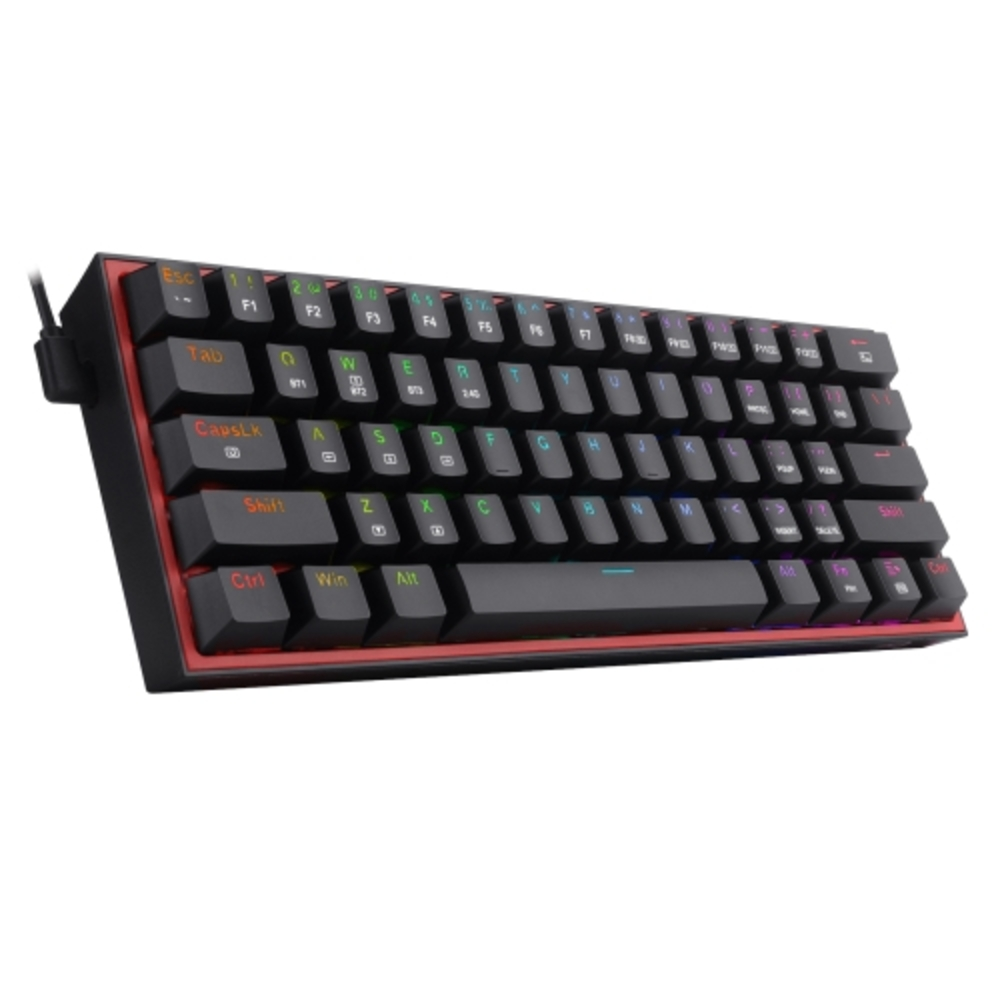Schwarze mechanische Tastatur mit bunten Keycaps und rotem Akzent.