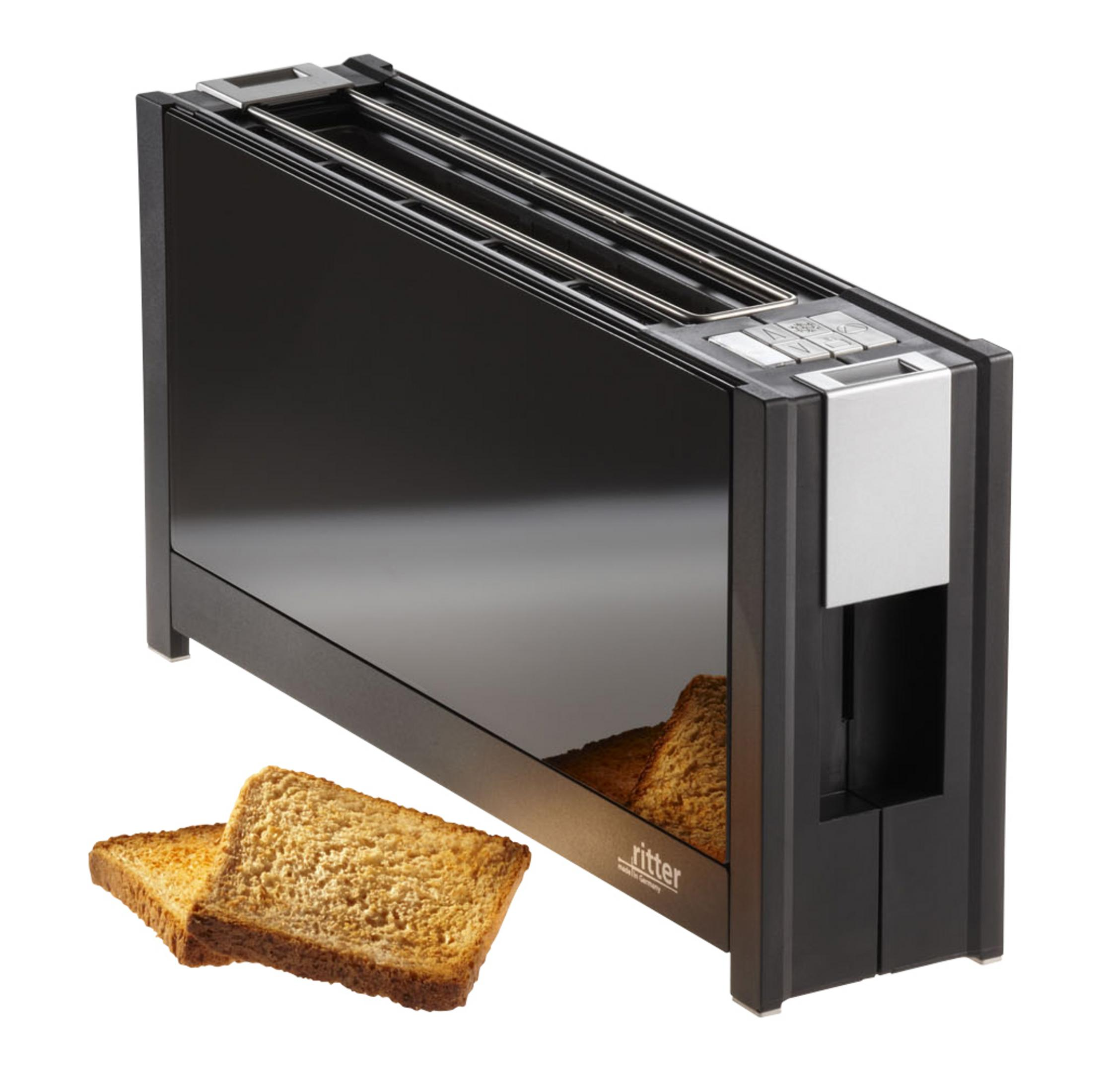 Ein schwarzer Toaster mit Toastscheiben daneben auf einem weißen Hintergrund.
