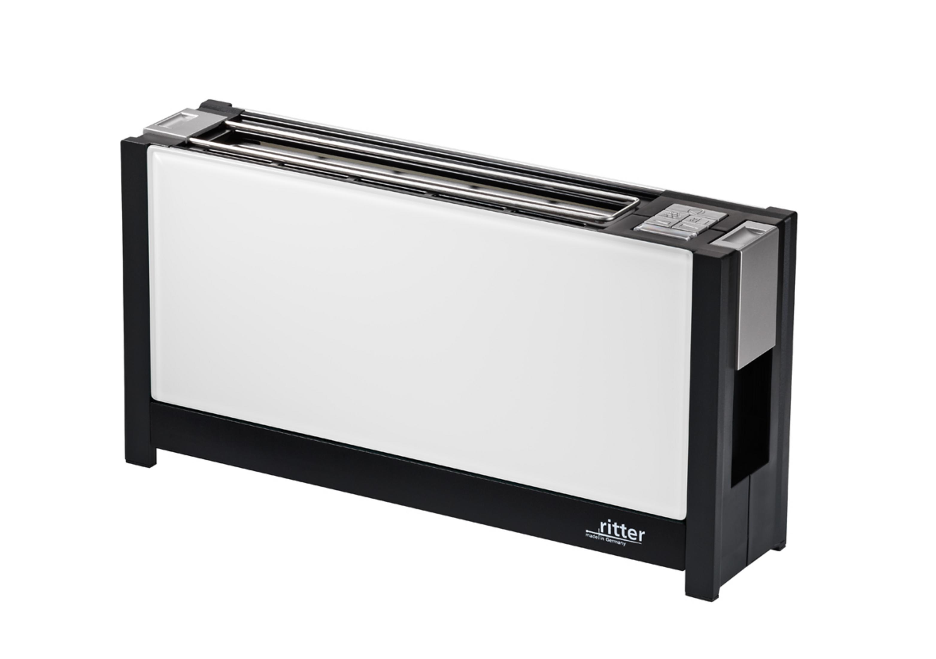 Ein silberner und schwarzer Toaster ist mittig auf einem weißen Hintergrund platziert.
