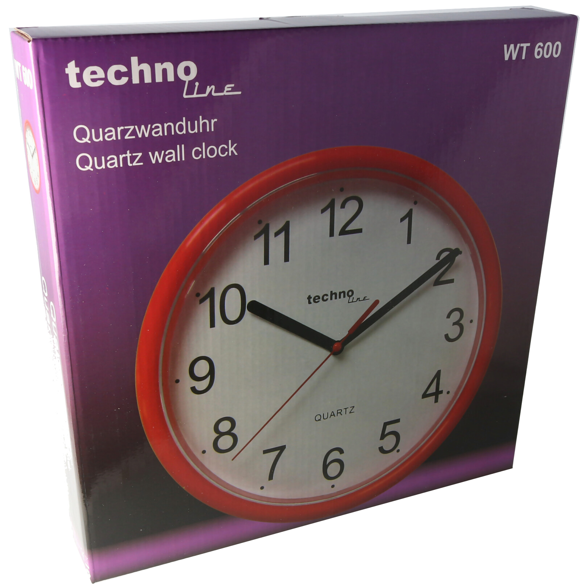 Eine verpackte rote Wanduhr mit weißem Zifferblatt, die die Uhrzeit 10:12 anzeigt, isoliert.