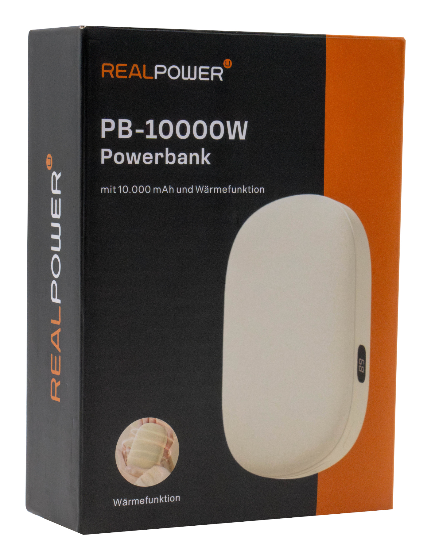 Una confezione di Powerbank RealPower PB-10000W mostra il powerbank e la sua funzione di riscaldamento.