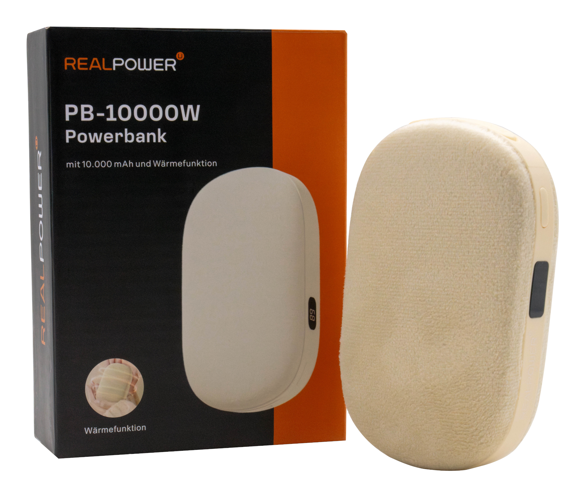 Un Powerbank RealPower PB-10000W e la sua confezione, evidenziandone il design e le caratteristiche.
