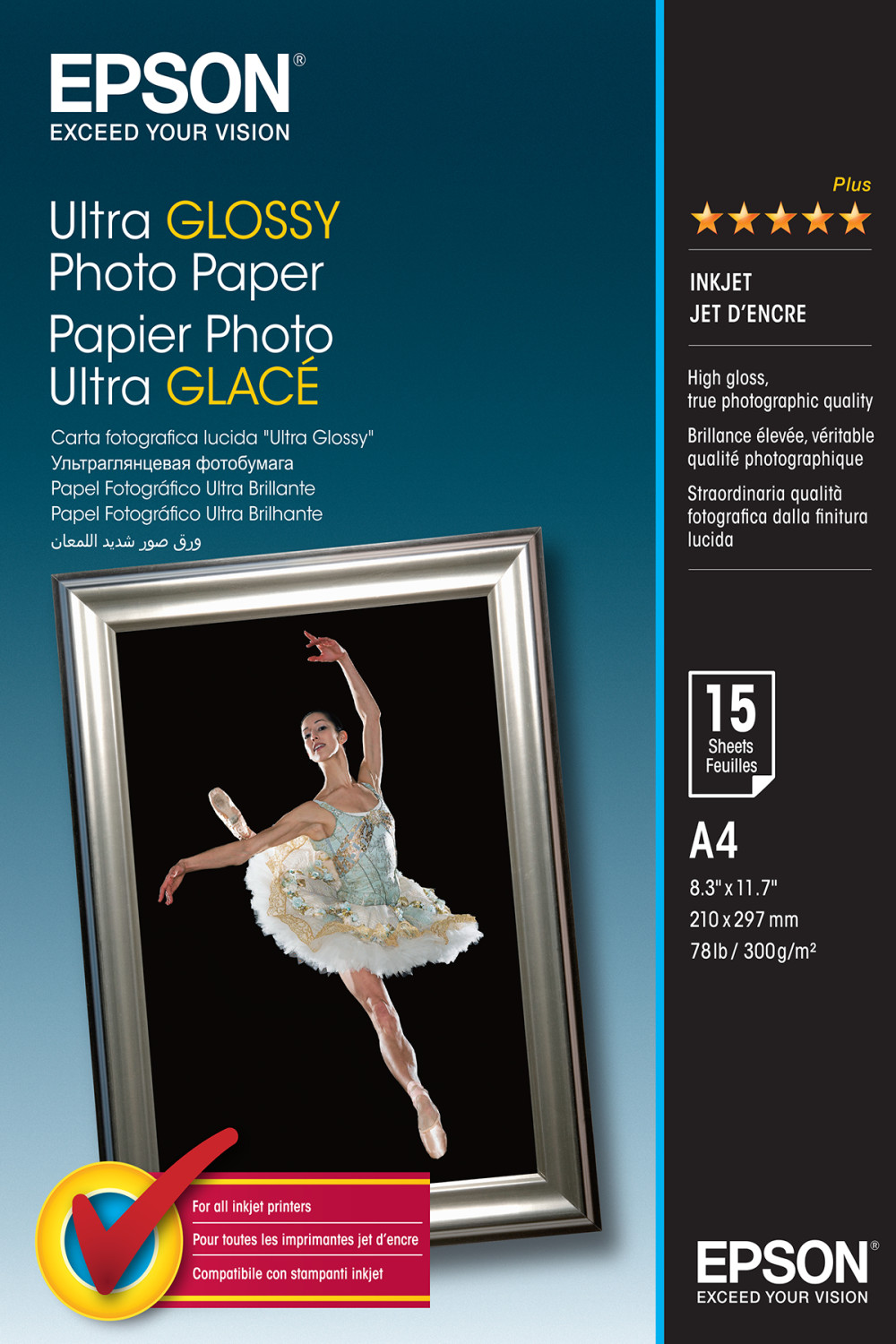 Epson Ultra GLOSSY Fotopapierbox mit einer Ballerina im Kostüm auf der Vorderseite. Die Box ist von einem silbernen Rahmen umgeben.