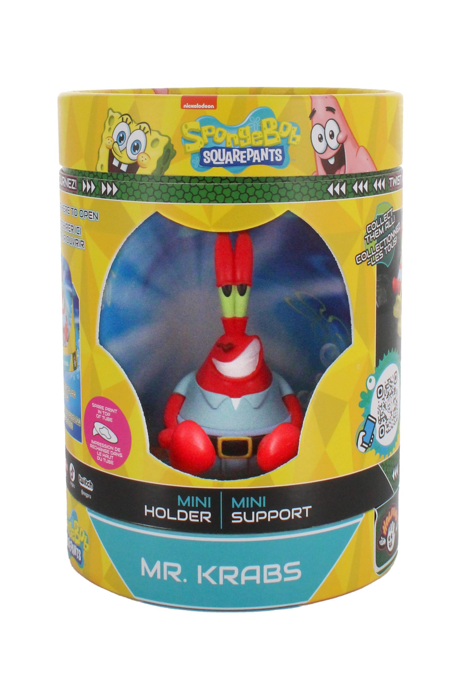 Mr. Krabs Mini-Halter in einer zylindrischen gelben Verpackung mit SpongeBob Schwammkopf-Branding.