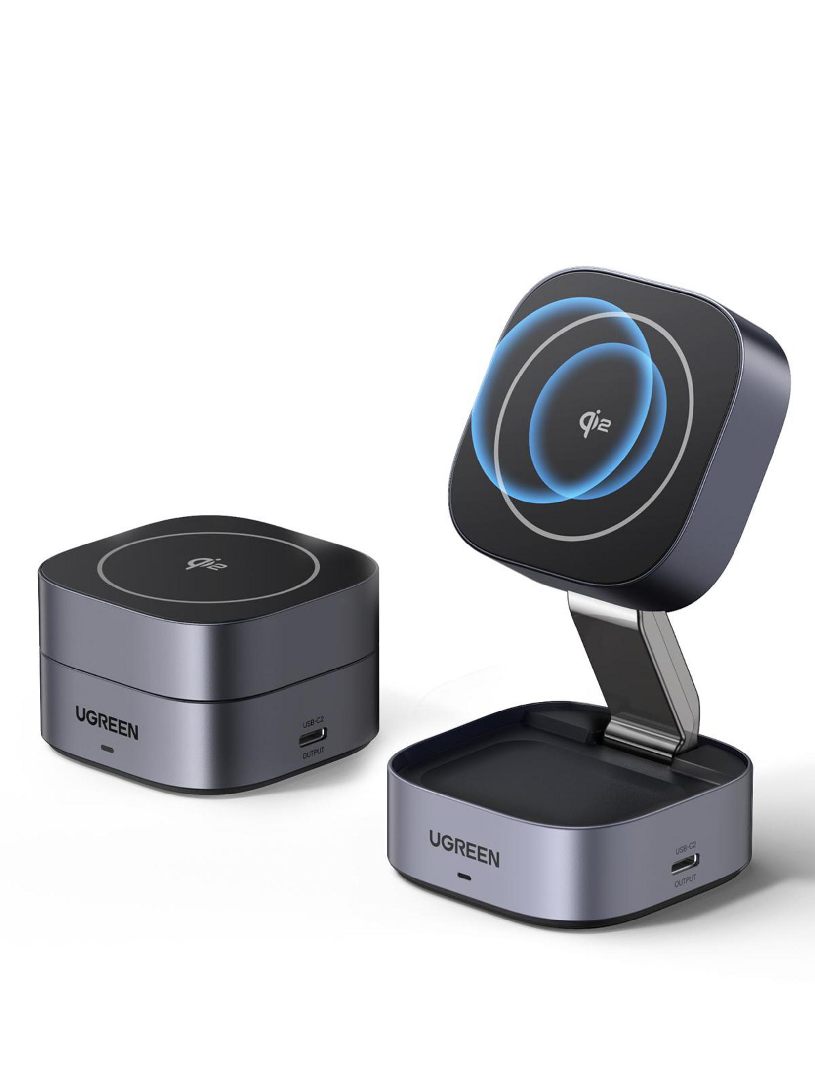 Dwie ładowarki bezprzewodowe UGREEN, jedna jako stojak z podkładką pod telefon, druga jako płaska baza ładująca, obie w kolorze ciemnoszarym.