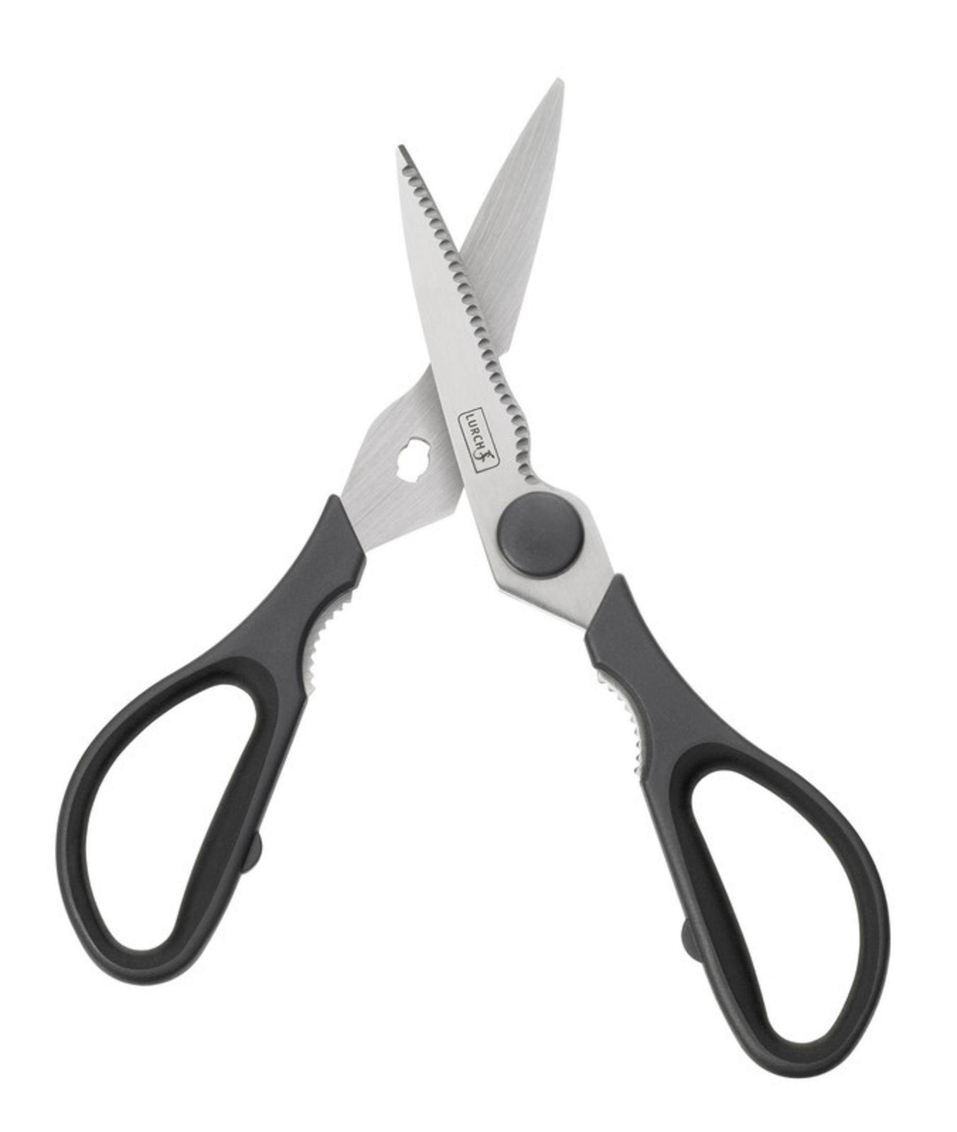 Geöffnete Küchenschere mit schwarzen Griffen und gezackten Silberklingen wird angezeigt.