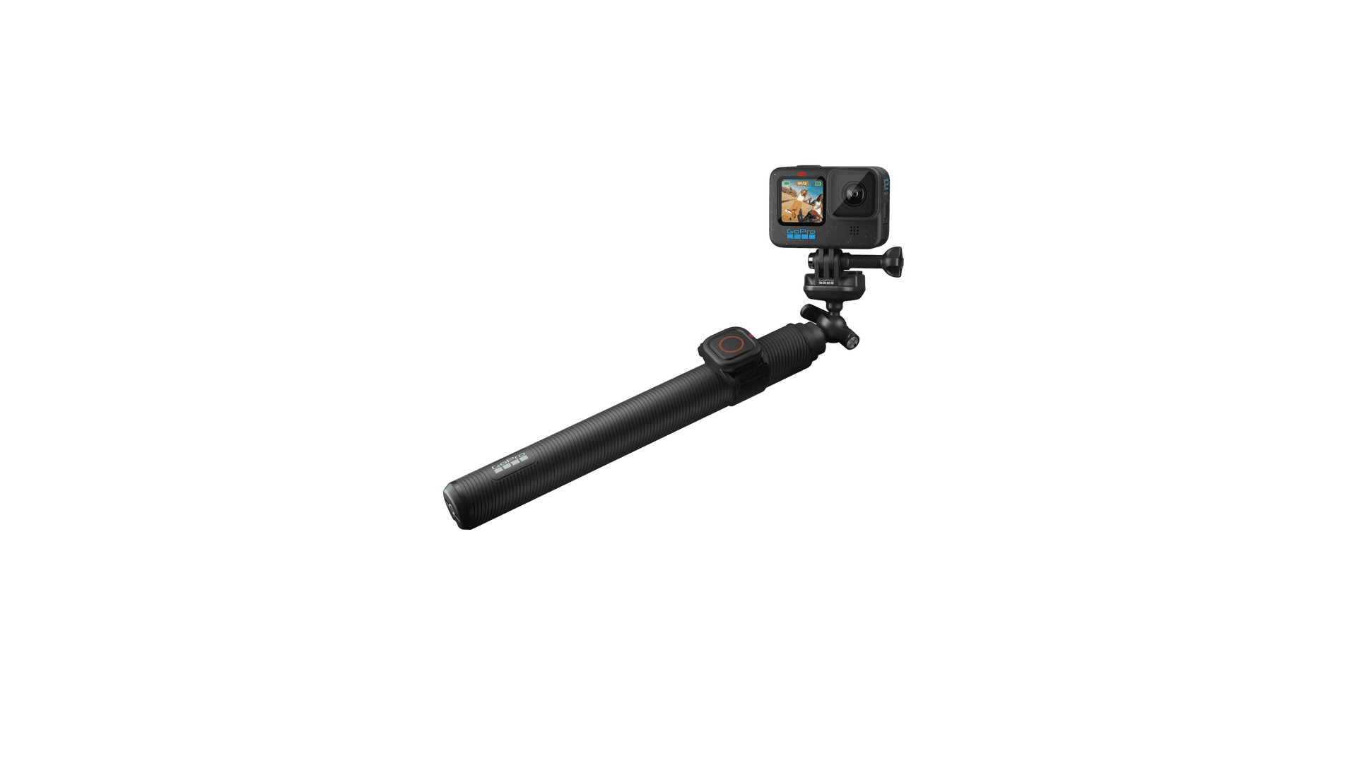 Fotocamera GoPro su un'impugnatura nera, che mostra un surfista sullo schermo.