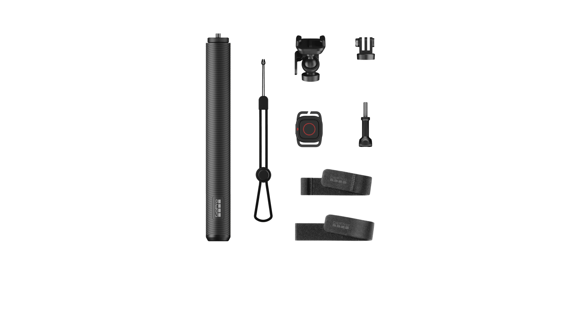 Accessori GoPro, tra cui un'impugnatura, un cinturino da polso e supporti, su bianco.