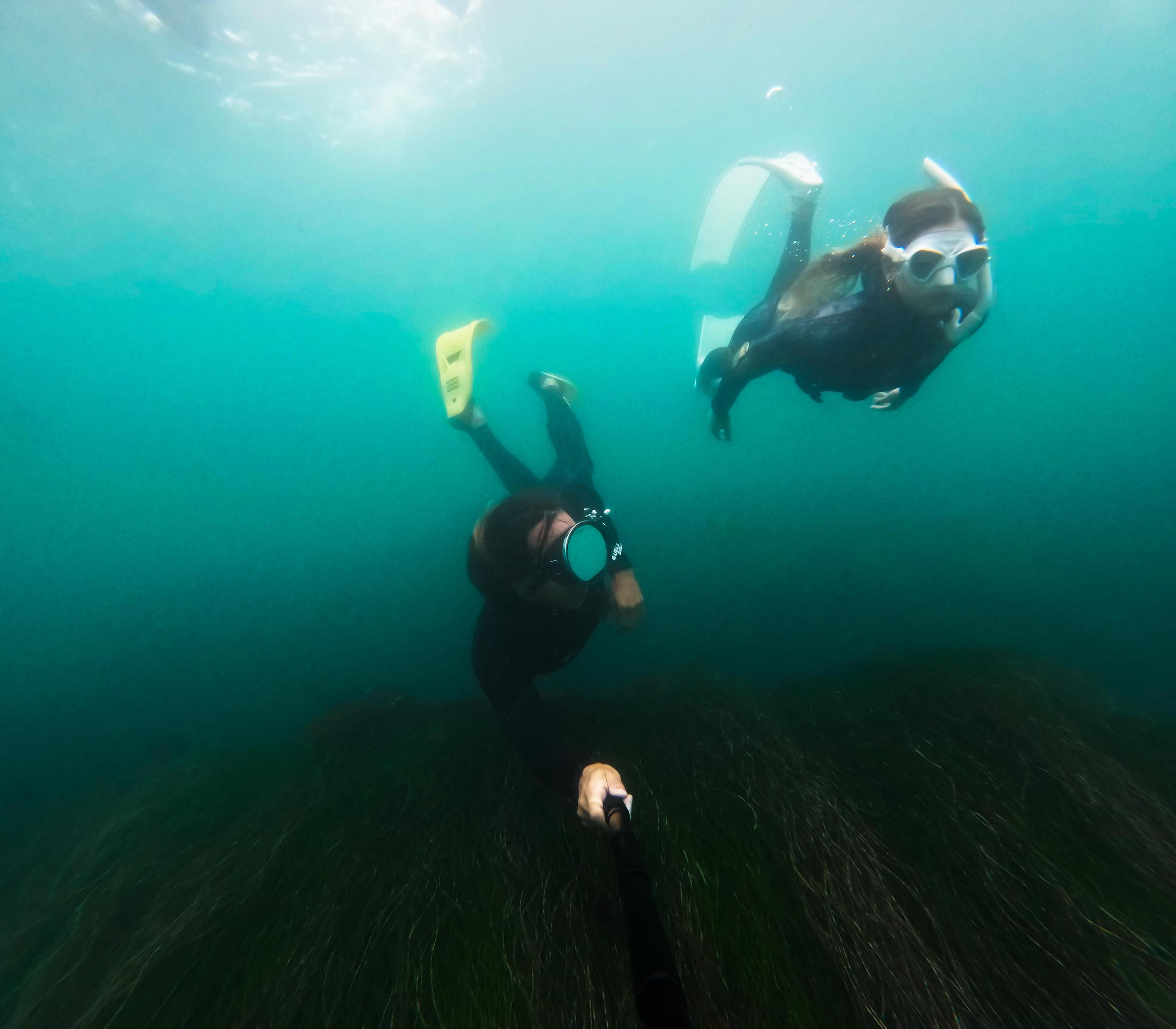 Due subacquei sott'acqua, uno che tiene una GoPro su un bastone, con le pinne visibili.