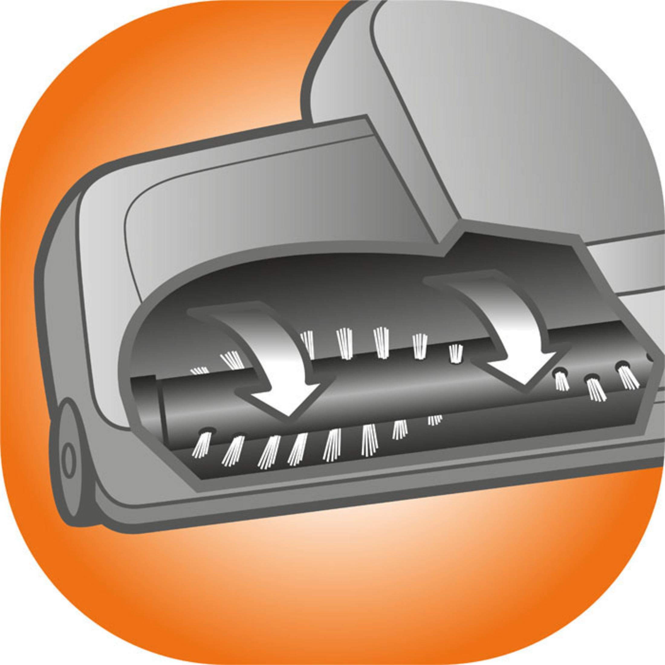 Coupe transversale de la tête d'aspirateur grise avec des flèches sur fond orange.