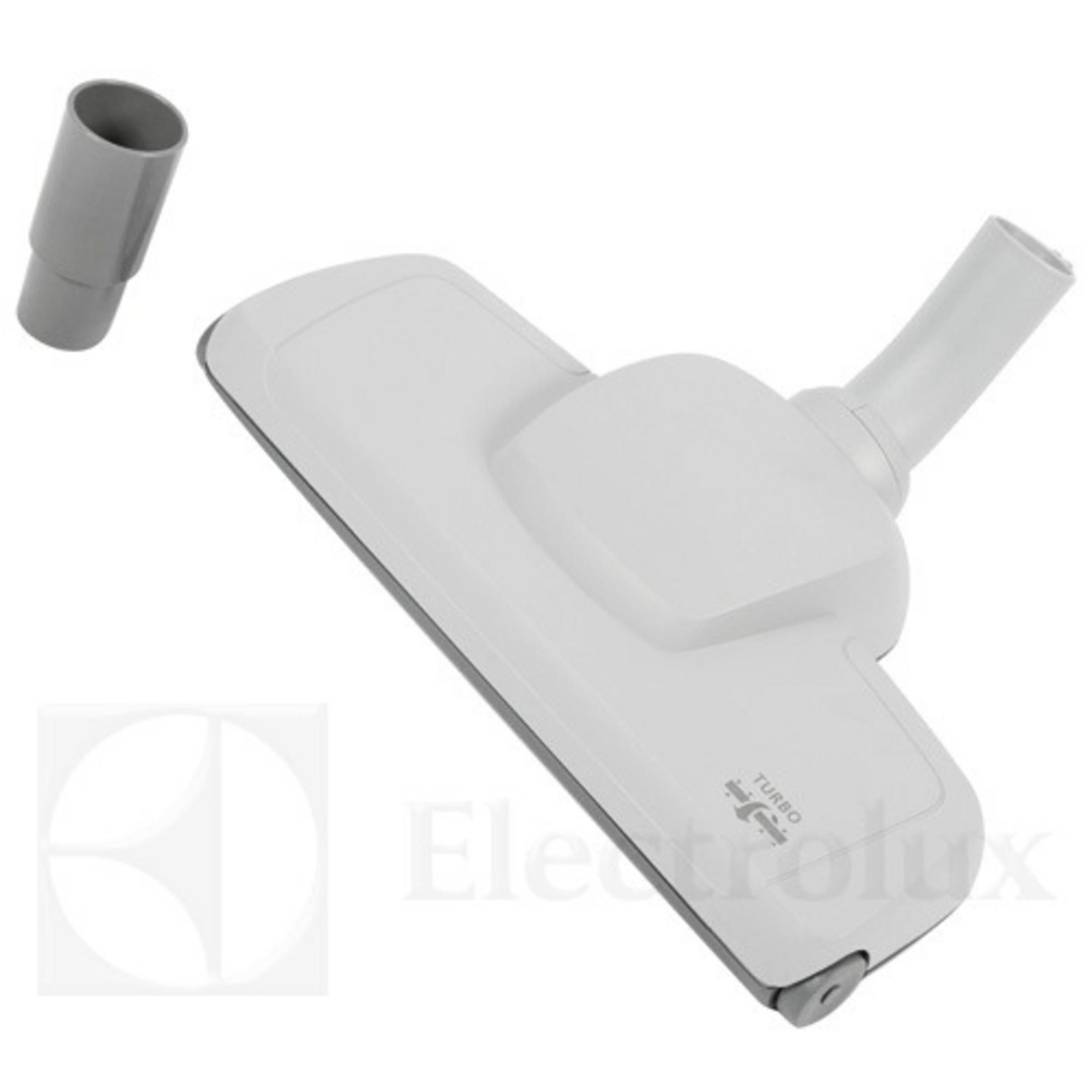 Tête d'aspirateur blanche avec une turbobrosse et un tube gris sur blanc.